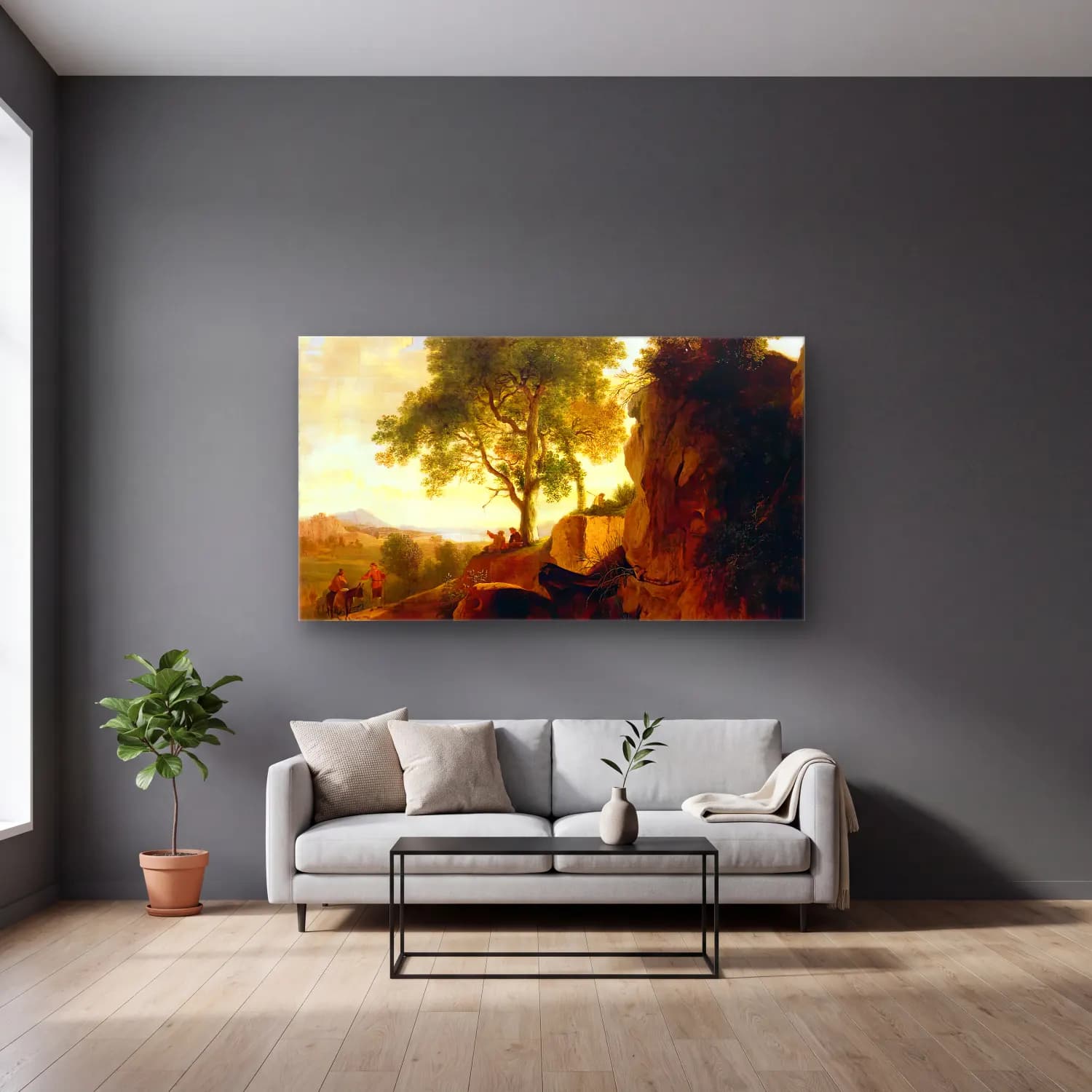 Herman van Swanevelt – Landscape with Tall Rocks cam tablo — gri duvarlı salonda