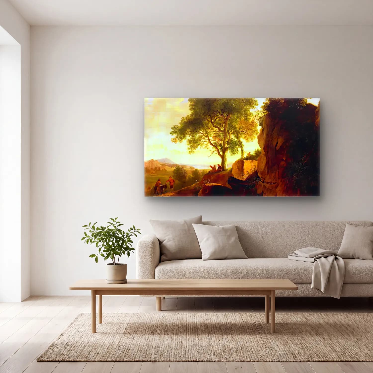 Herman van Swanevelt – Landscape with Tall Rocks cam tablo — açık renk salonda