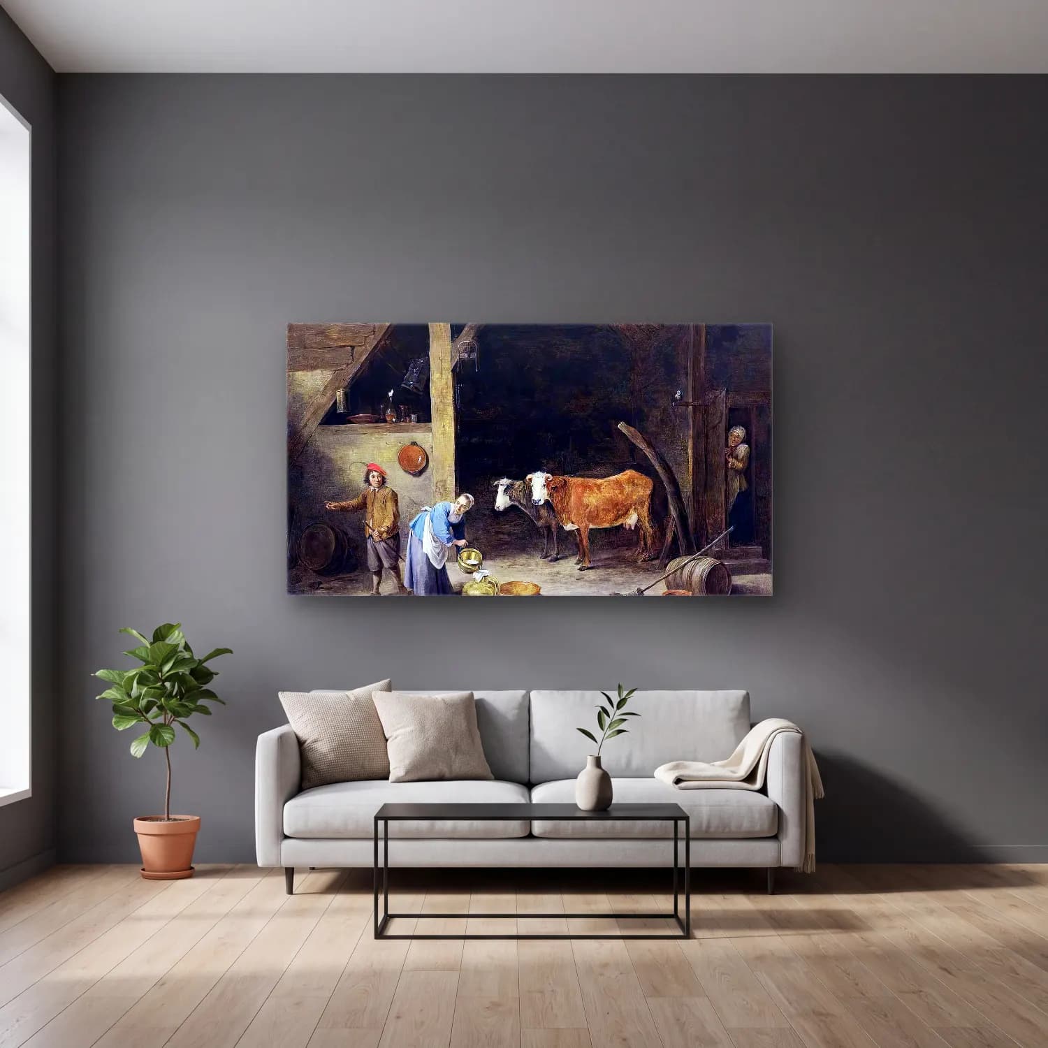 David Teniers the Younger – A Barn Interior cam tablo — gri duvarlı salonda