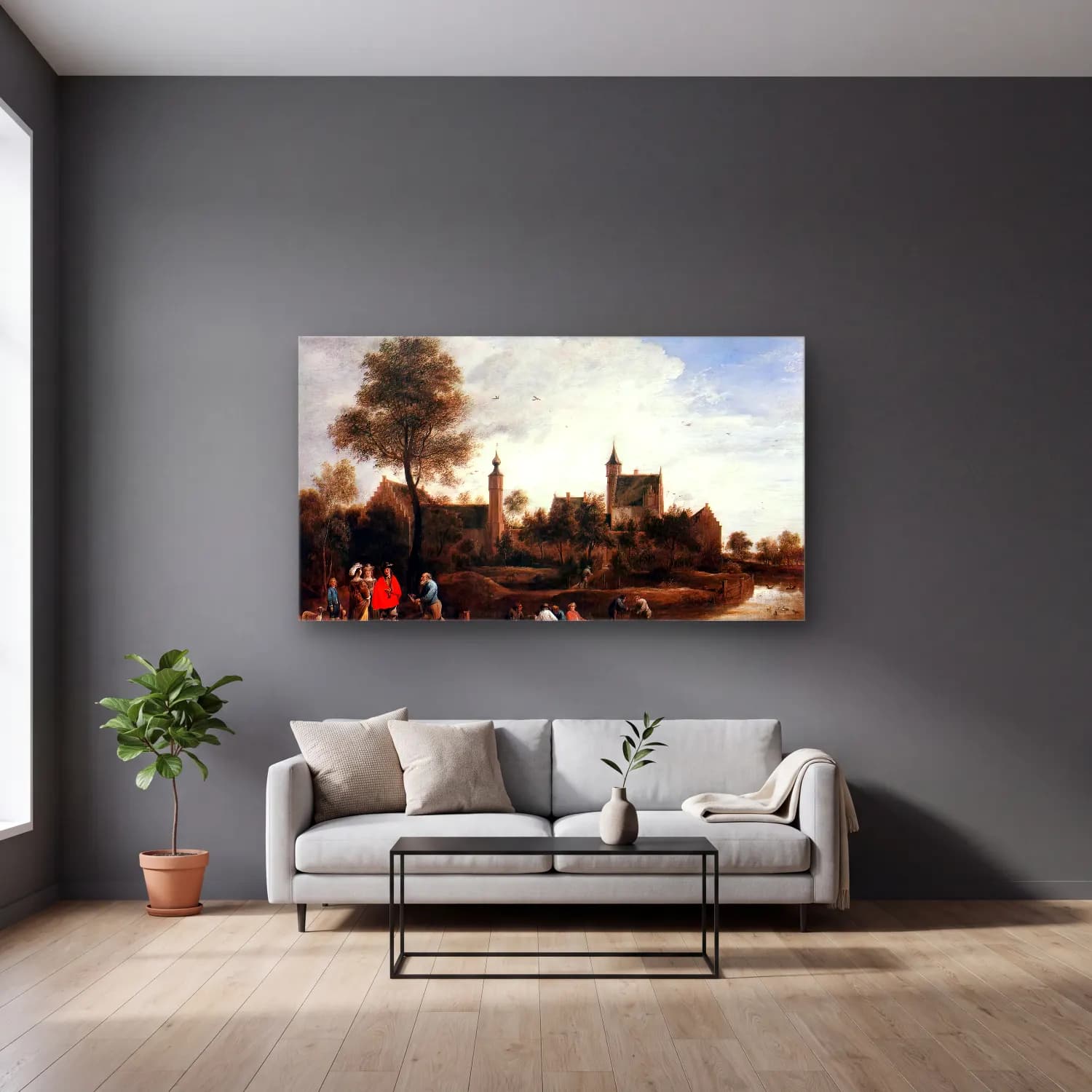 David Teniers the Younger – A View of Het Sterckshof near Antwerp cam tablo — gri duvarlı salonda