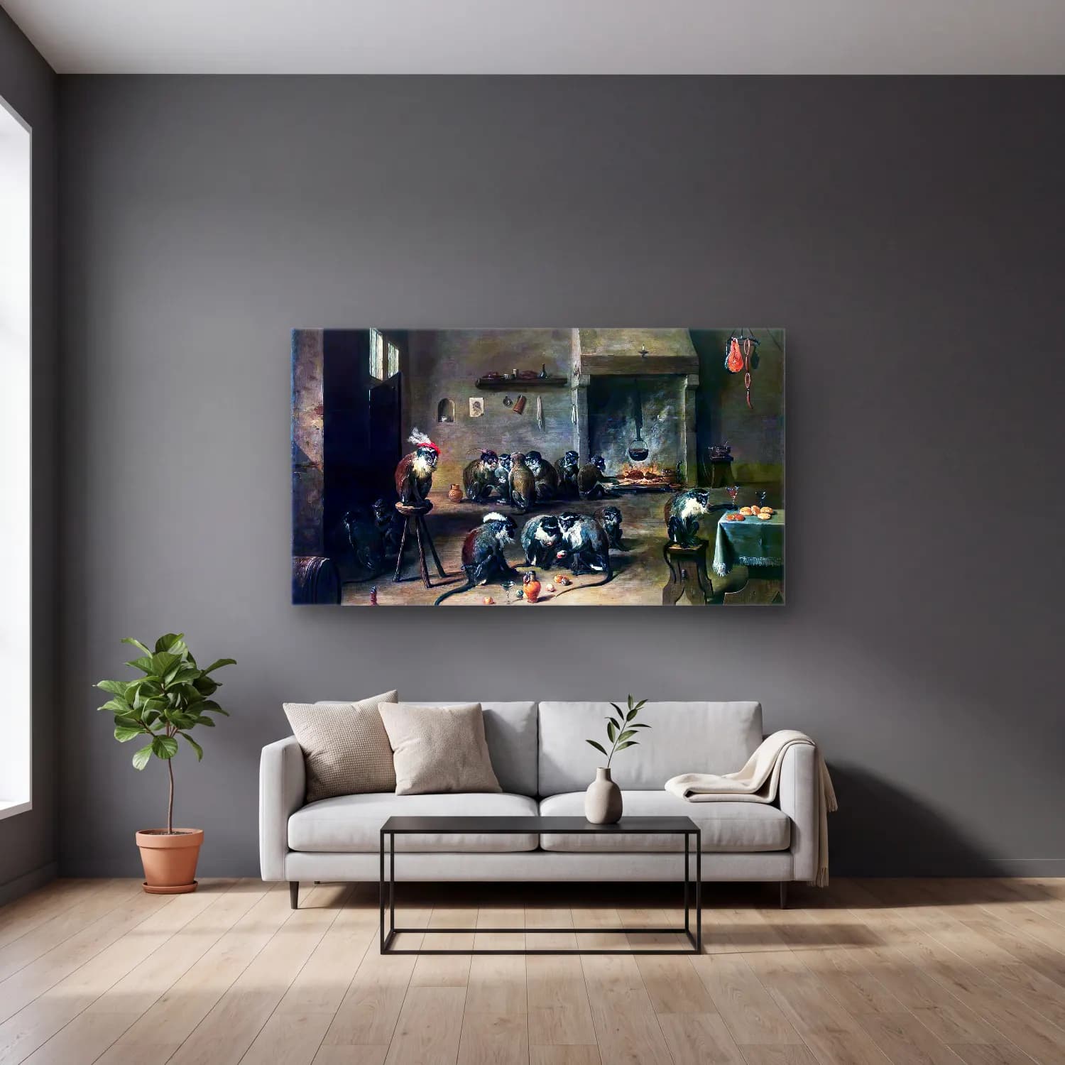 David Teniers the Younger – Apes in the Kitchen cam tablo — gri duvarlı salonda