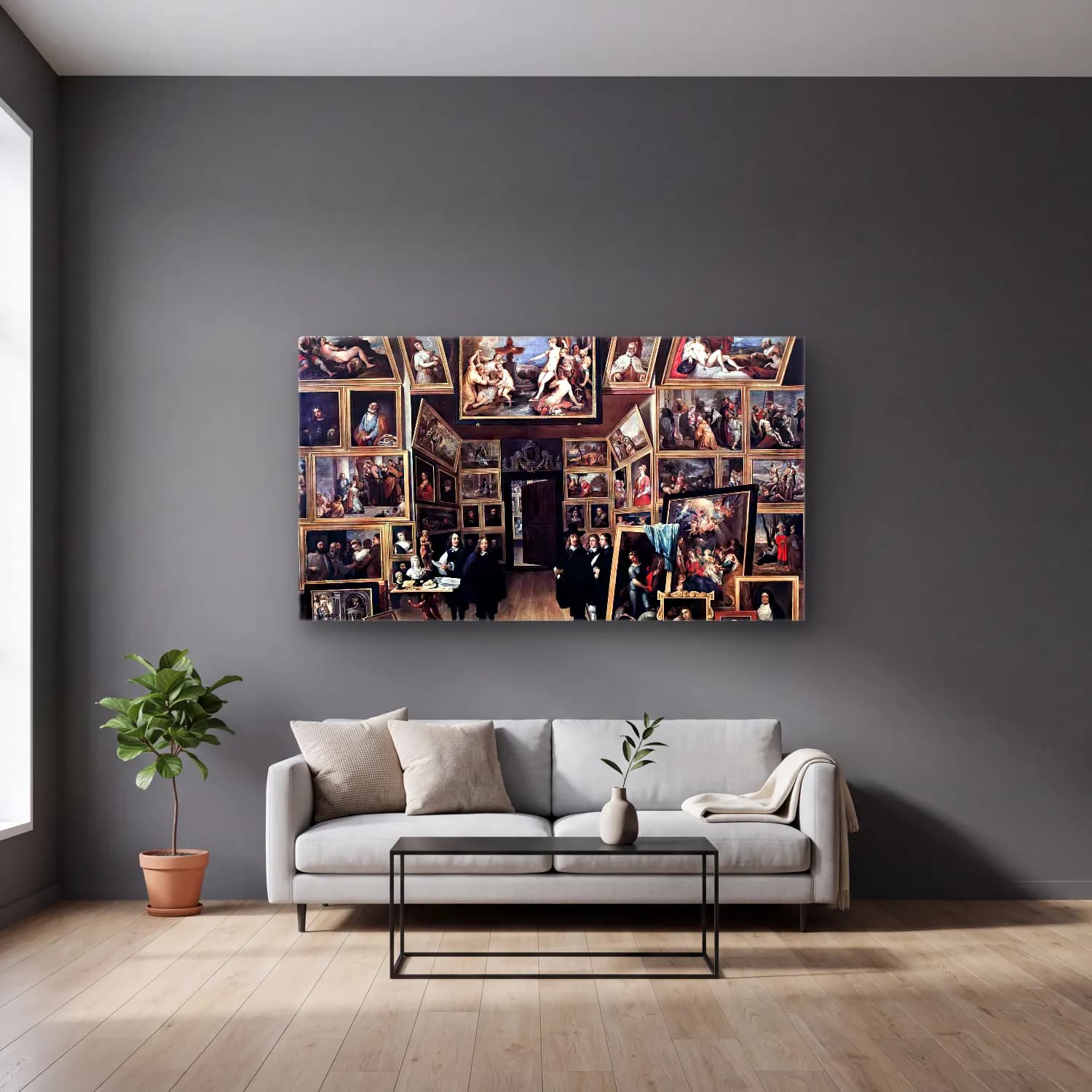 David Teniers the Younger – Archduke Leopold Wilhelm in his Gallery cam tablo — gri duvarlı salonda
