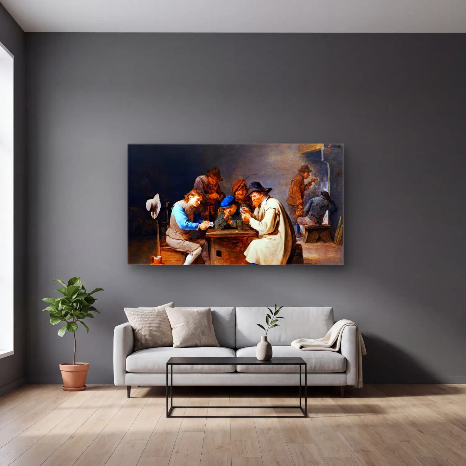 David Teniers the Younger – Card Players cam tablo — gri duvarlı salonda