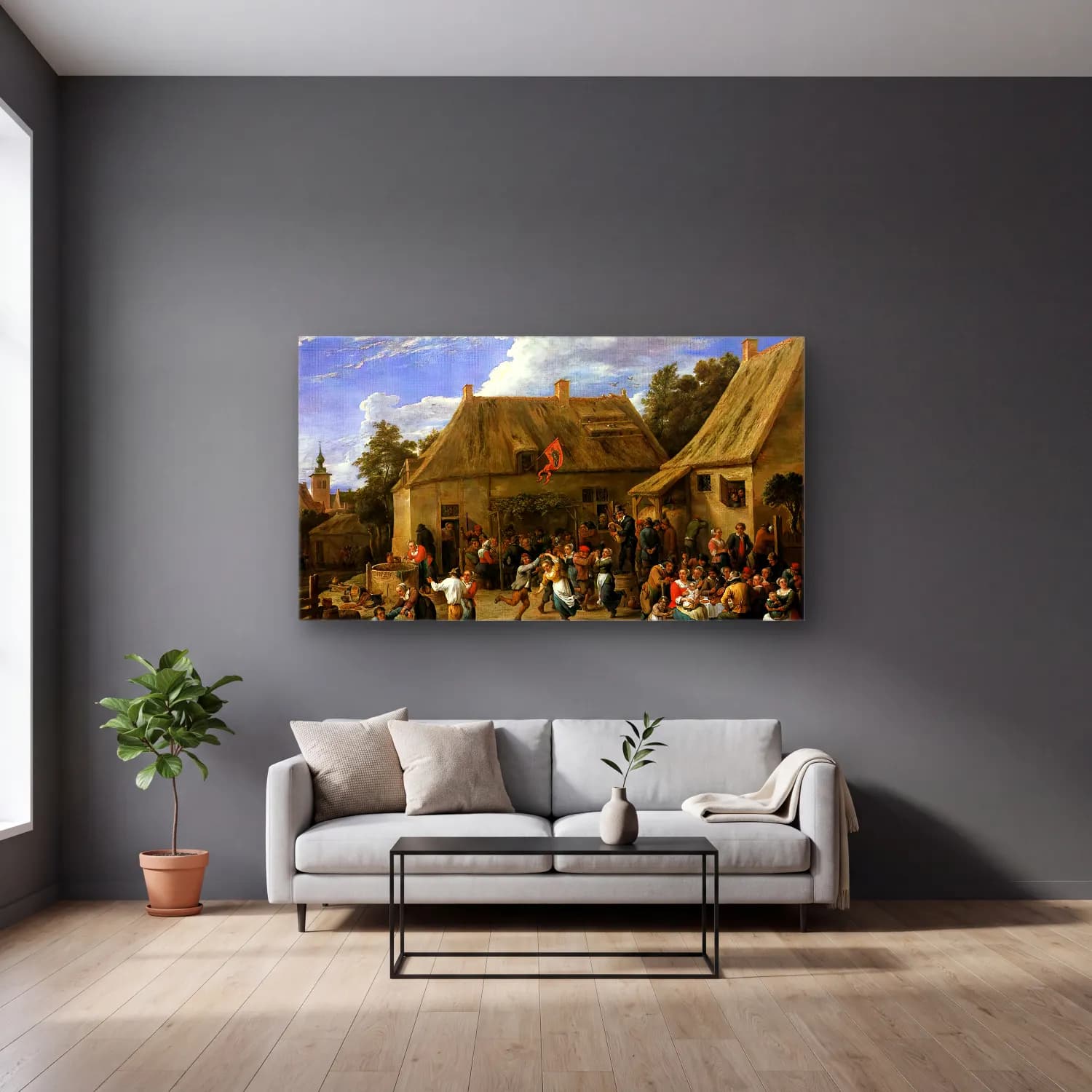 David Teniers the Younger – Country Kermis cam tablo — gri duvarlı salonda