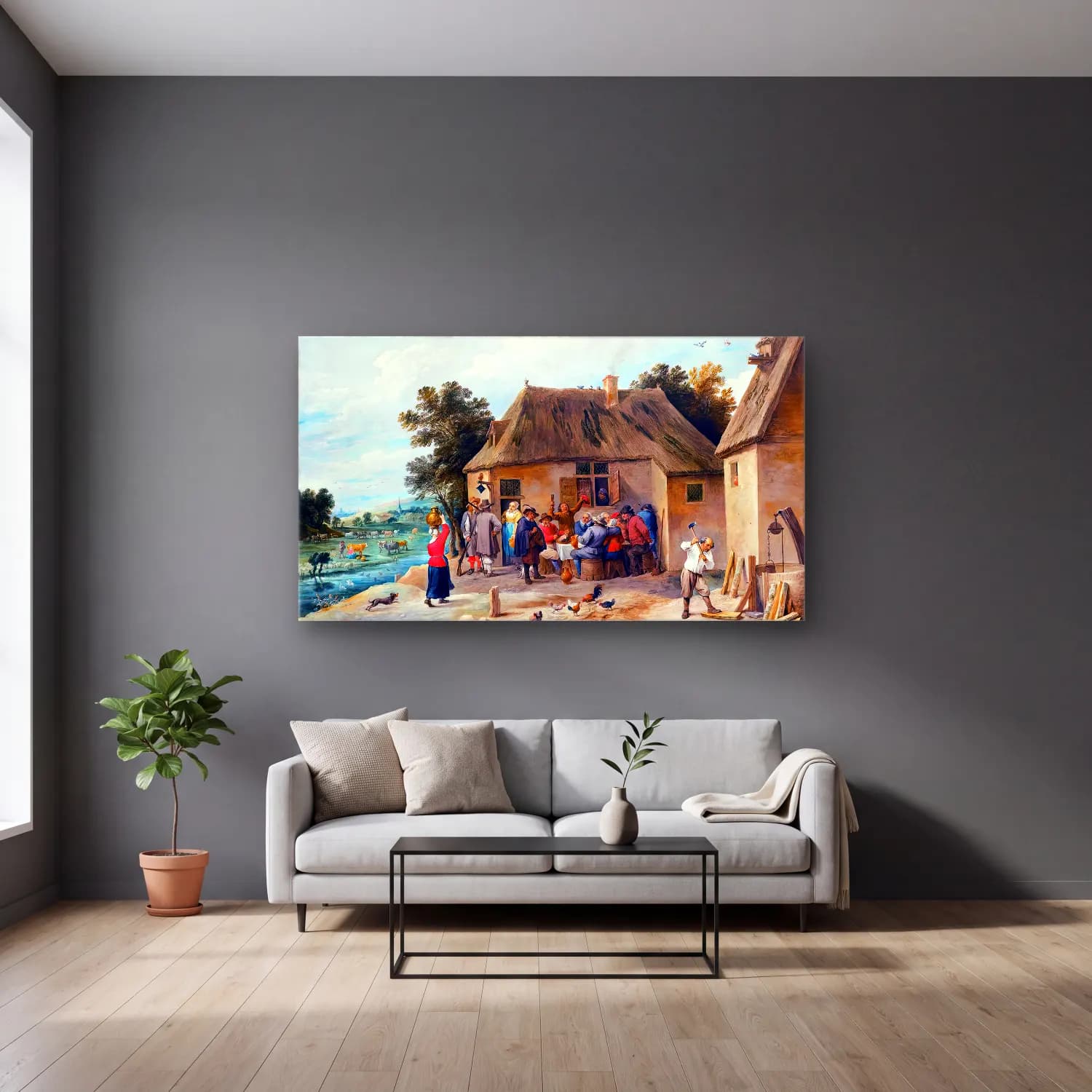 David Teniers the Younger – Countryside Inn with Revellers cam tablo — gri duvarlı salonda