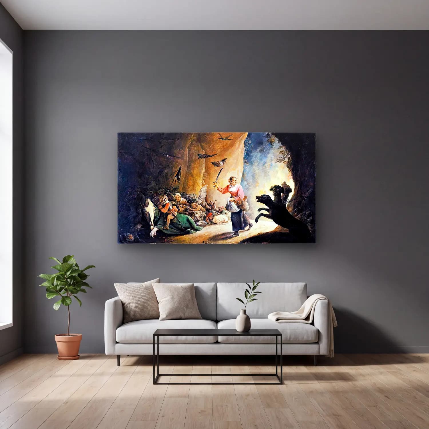 David Teniers the Younger – Dulle Griet (Mad Meg) cam tablo — gri duvarlı salonda