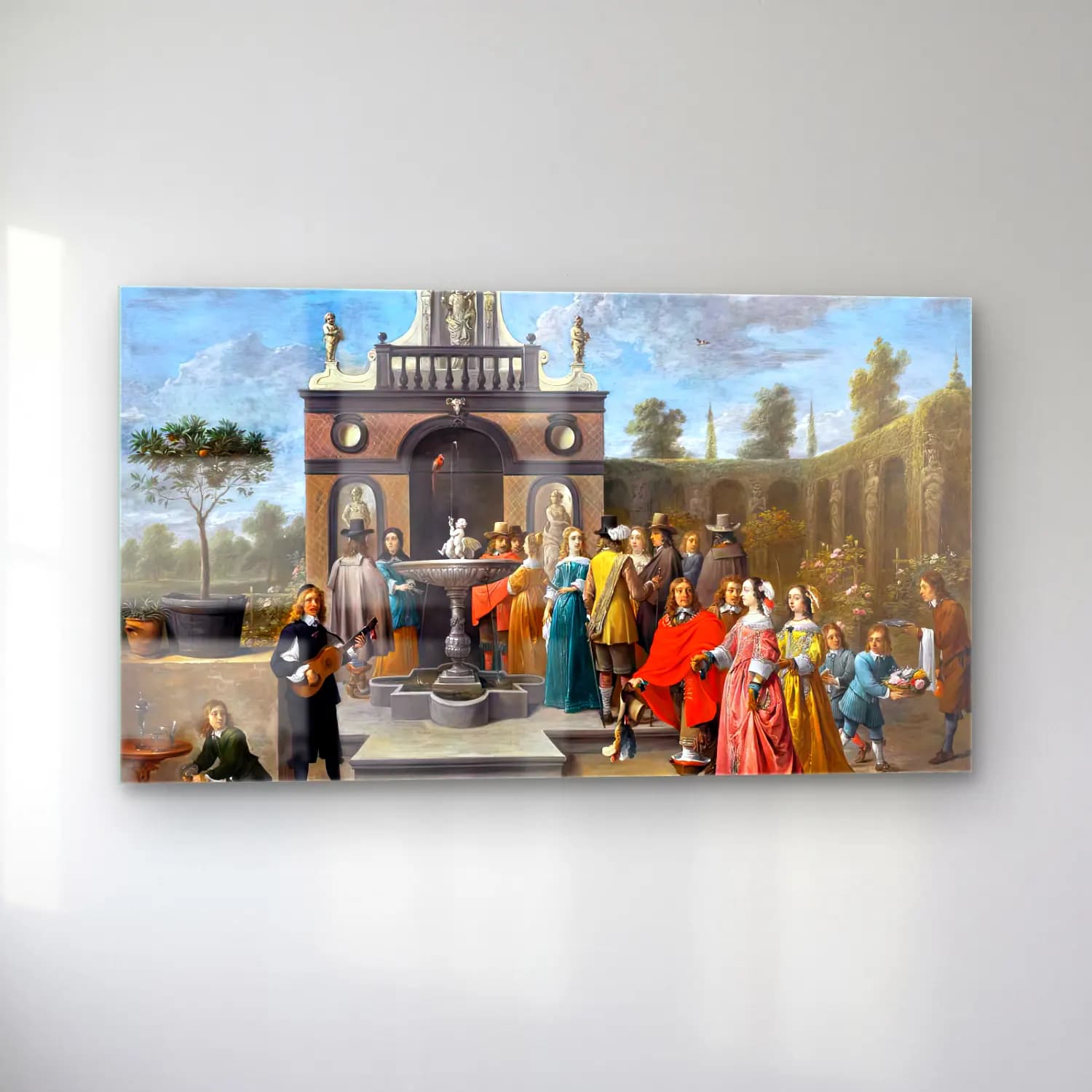 David Teniers the Younger – Elegant Company before a Pavilion in an Ornamental Garden cam tablo — sol açıdan görünüm