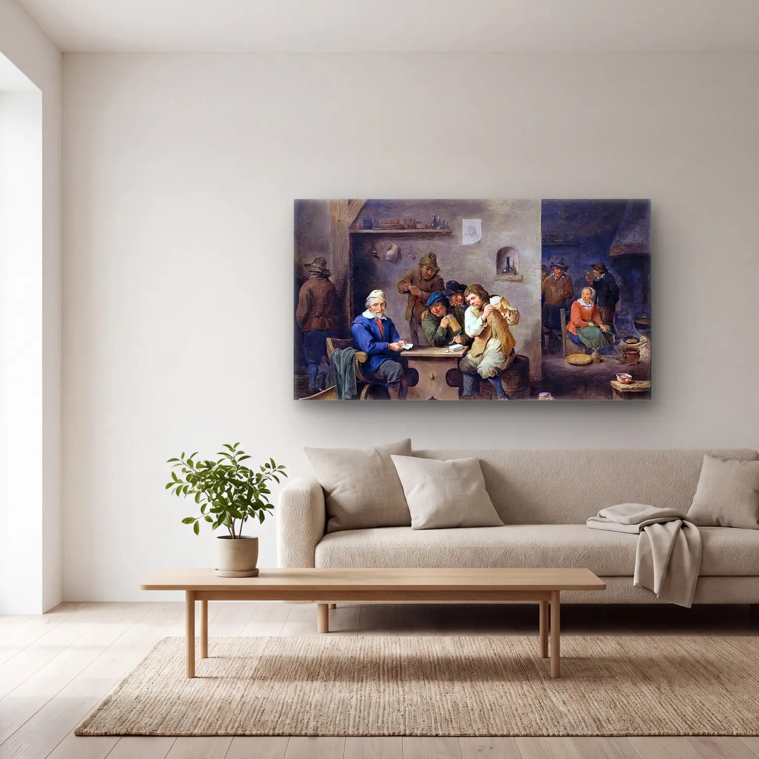 David Teniers the Younger – Figures Gambling in a Tavern cam tablo — açık renk salonda