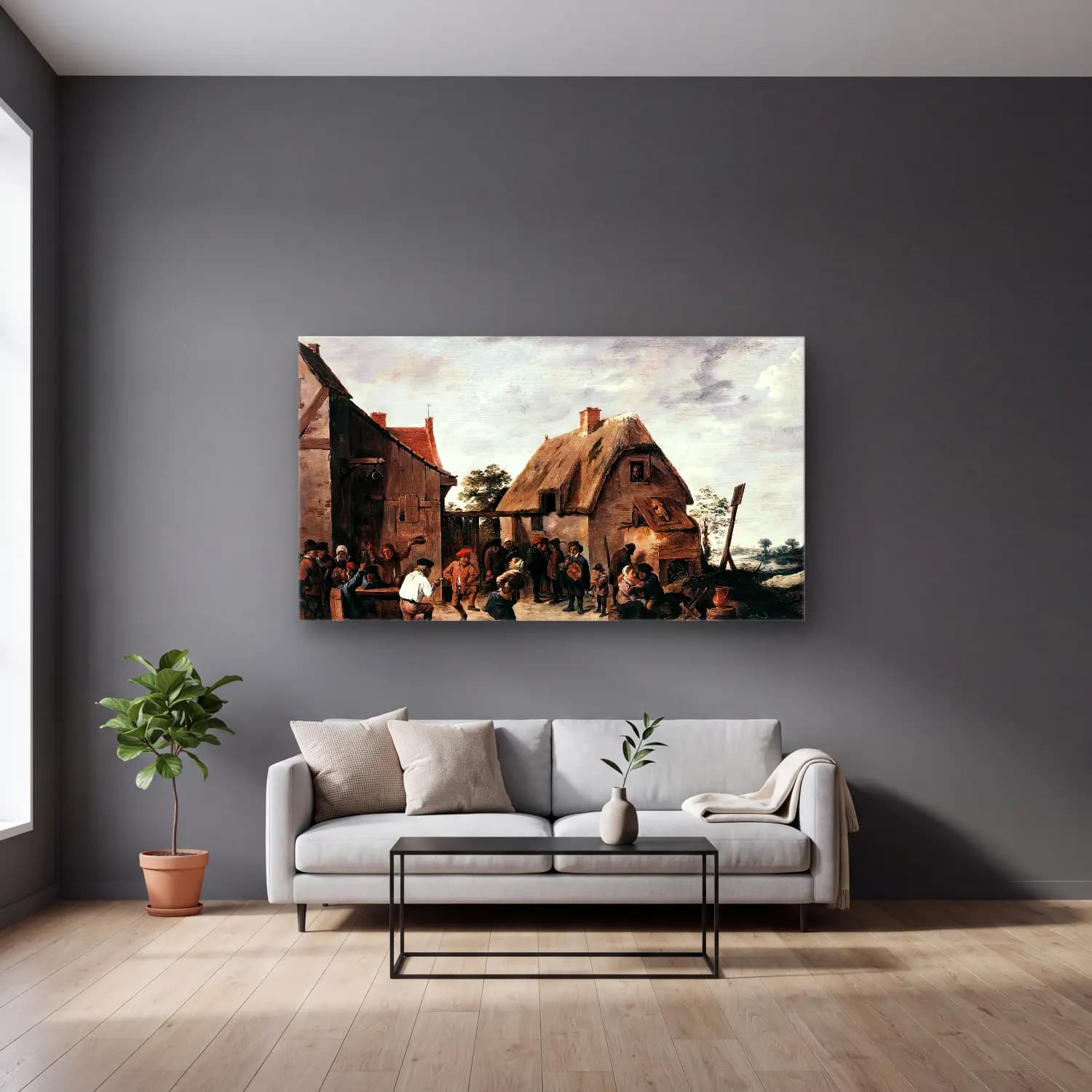 David Teniers the Younger – Flemish Kermess cam tablo — gri duvarlı salonda