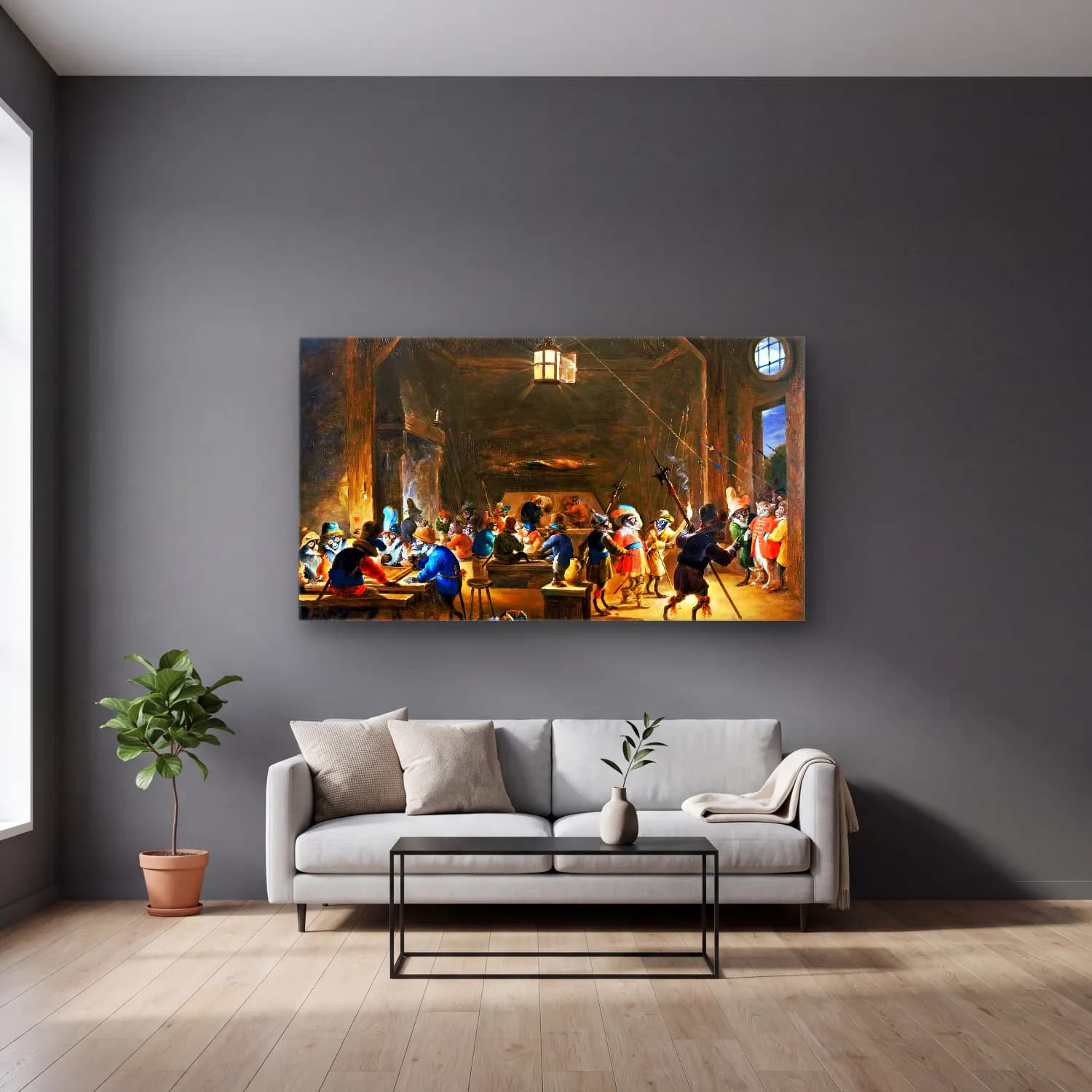 David Teniers the Younger – Guardroom with Monkeys cam tablo — gri duvarlı salonda