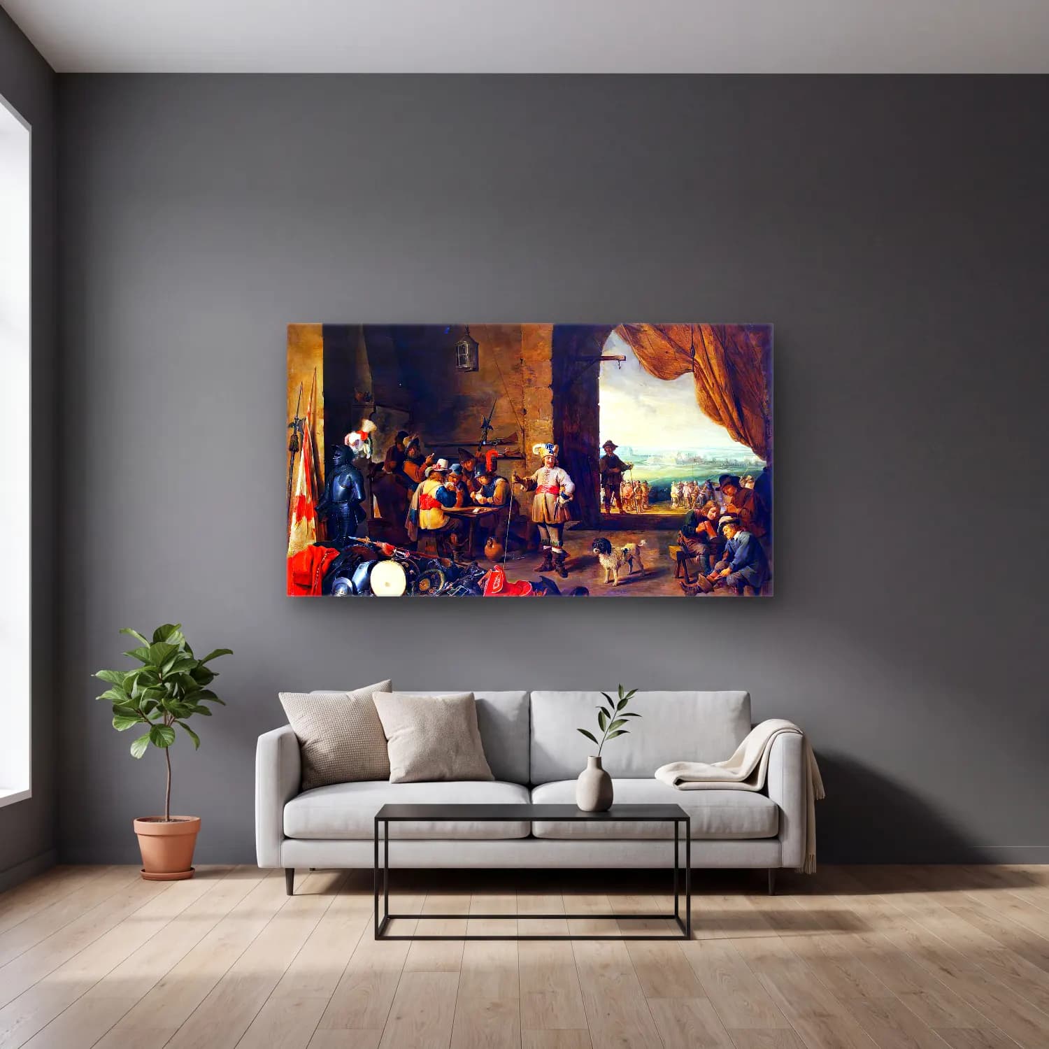 David Teniers the Younger – Guardroom cam tablo — gri duvarlı salonda
