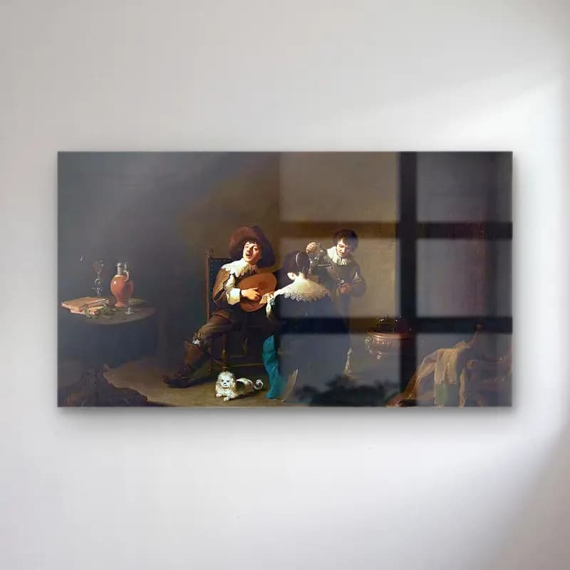 David Teniers the Younger – Interior with a Gentleman Playing a Lute and a Lady Singing cam tablo — David Teniers the Younger – Interior with a Gentleman Playing a Lute and a Lady Singing — yağlı boya gitar
