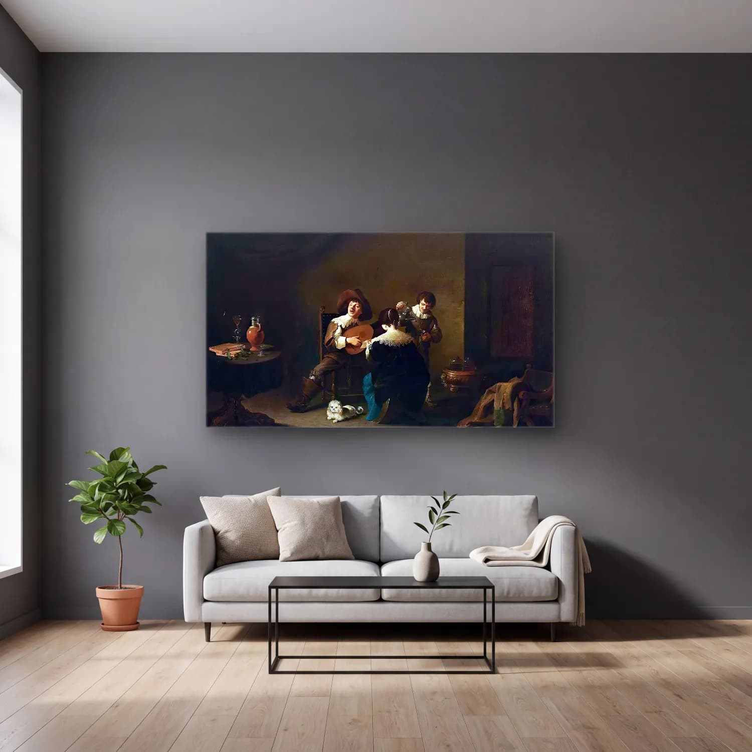 David Teniers the Younger – Interior with a Gentleman Playing a Lute and a Lady Singing cam tablo — gri duvarlı salonda