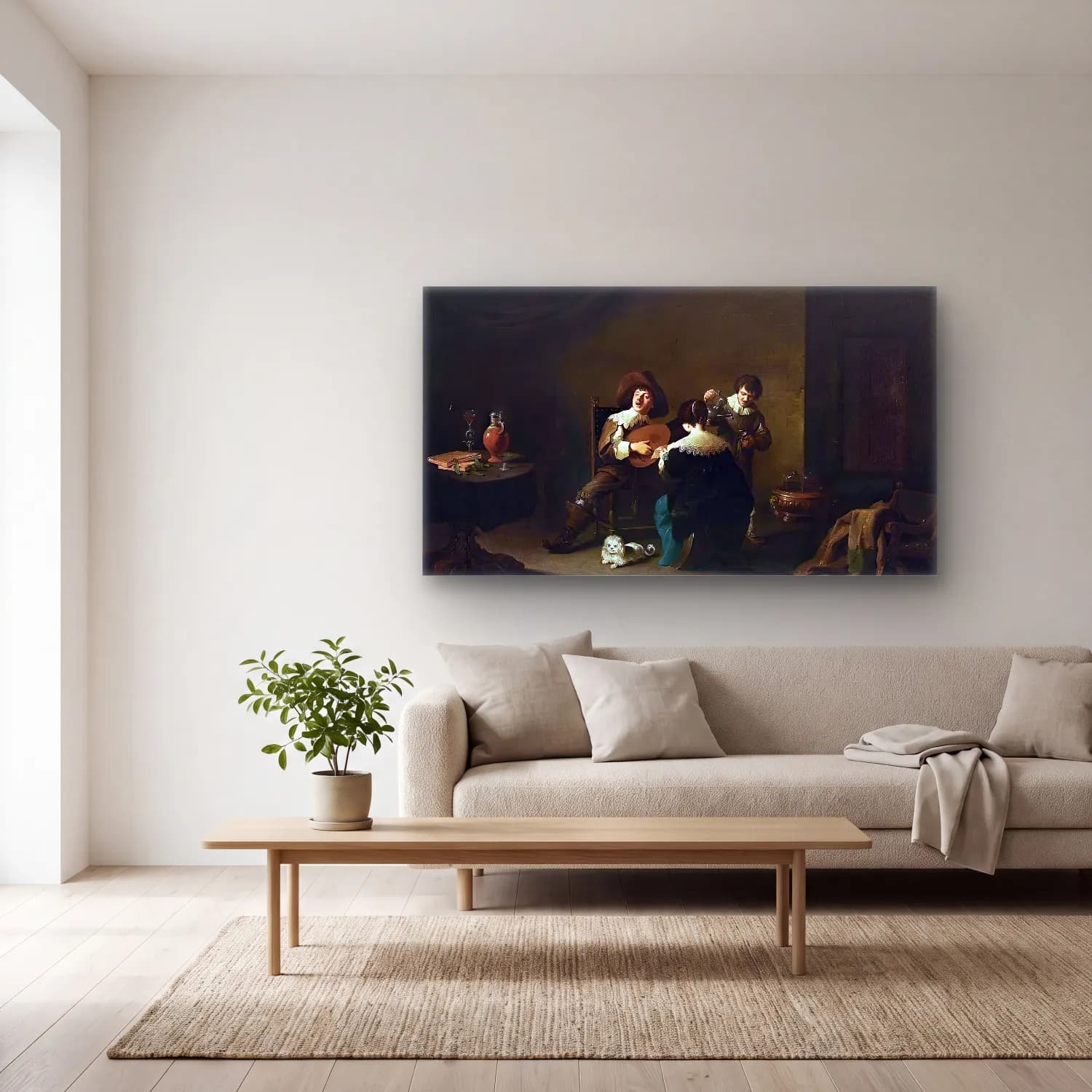 David Teniers the Younger – Interior with a Gentleman Playing a Lute and a Lady Singing cam tablo — açık renk salonda