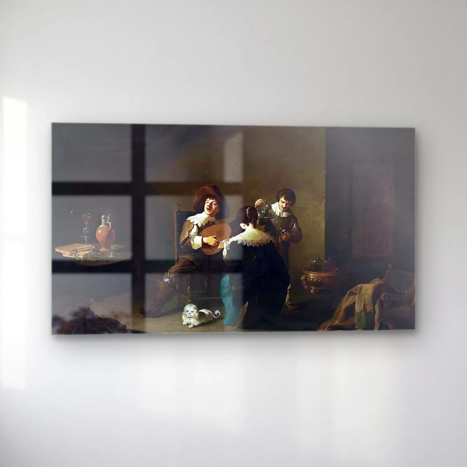 David Teniers the Younger – Interior with a Gentleman Playing a Lute and a Lady Singing cam tablo — sol açıdan görünüm