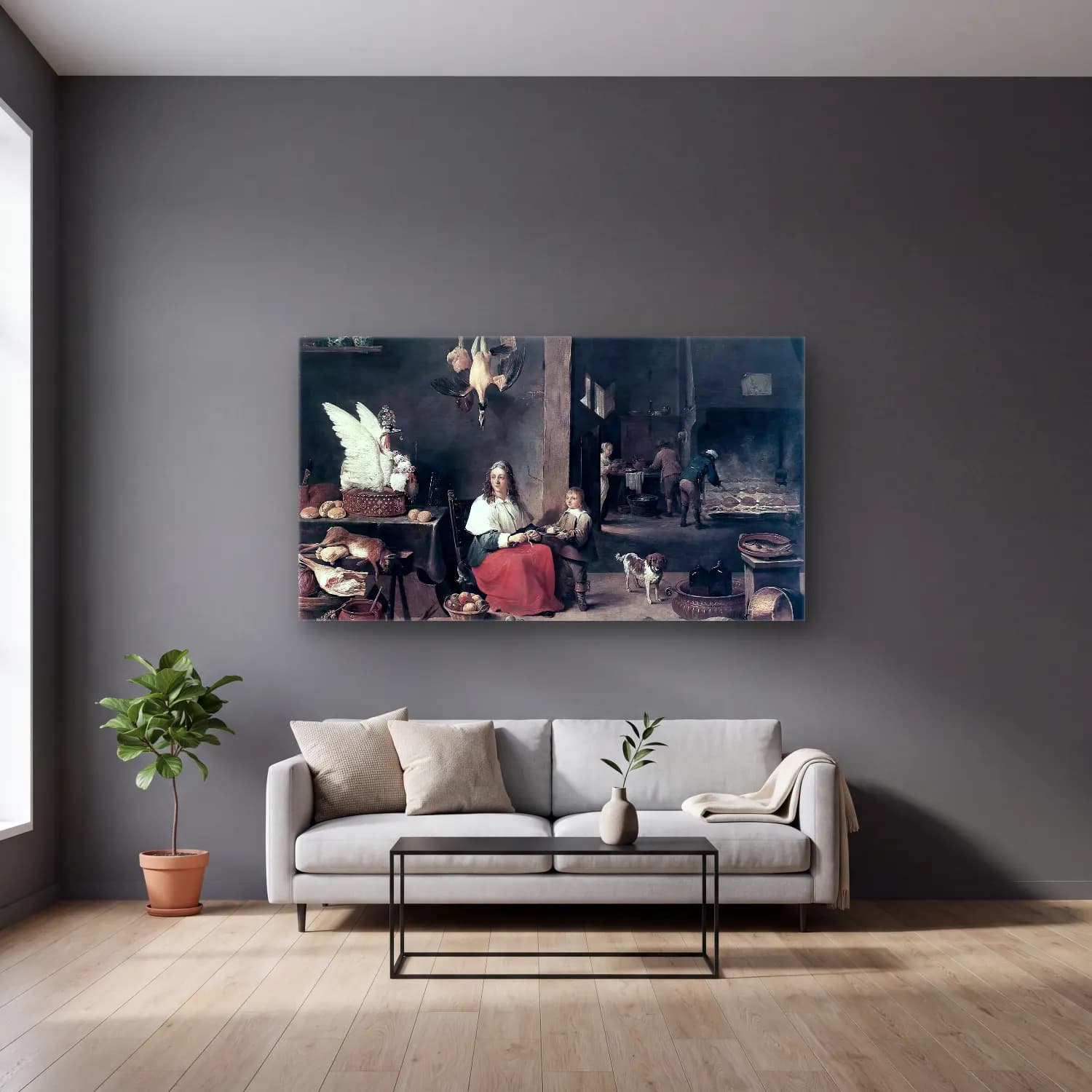 David Teniers the Younger – Kitchen Scene cam tablo — gri duvarlı salonda