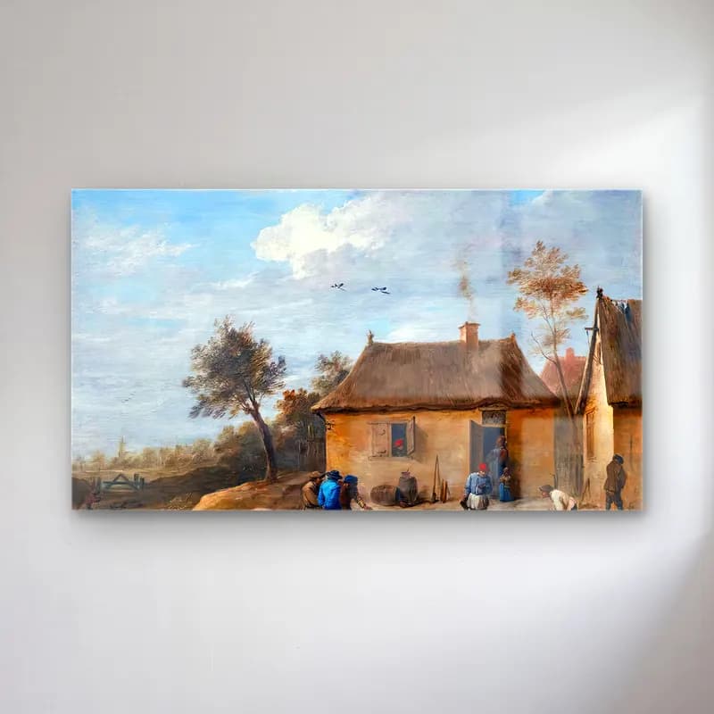 David Teniers the Younger – Landscape with Figures Playing Skittles cam tablo — David Teniers the Younger – Landscape with Figures Playing Skittles — yağlı boya kır evi