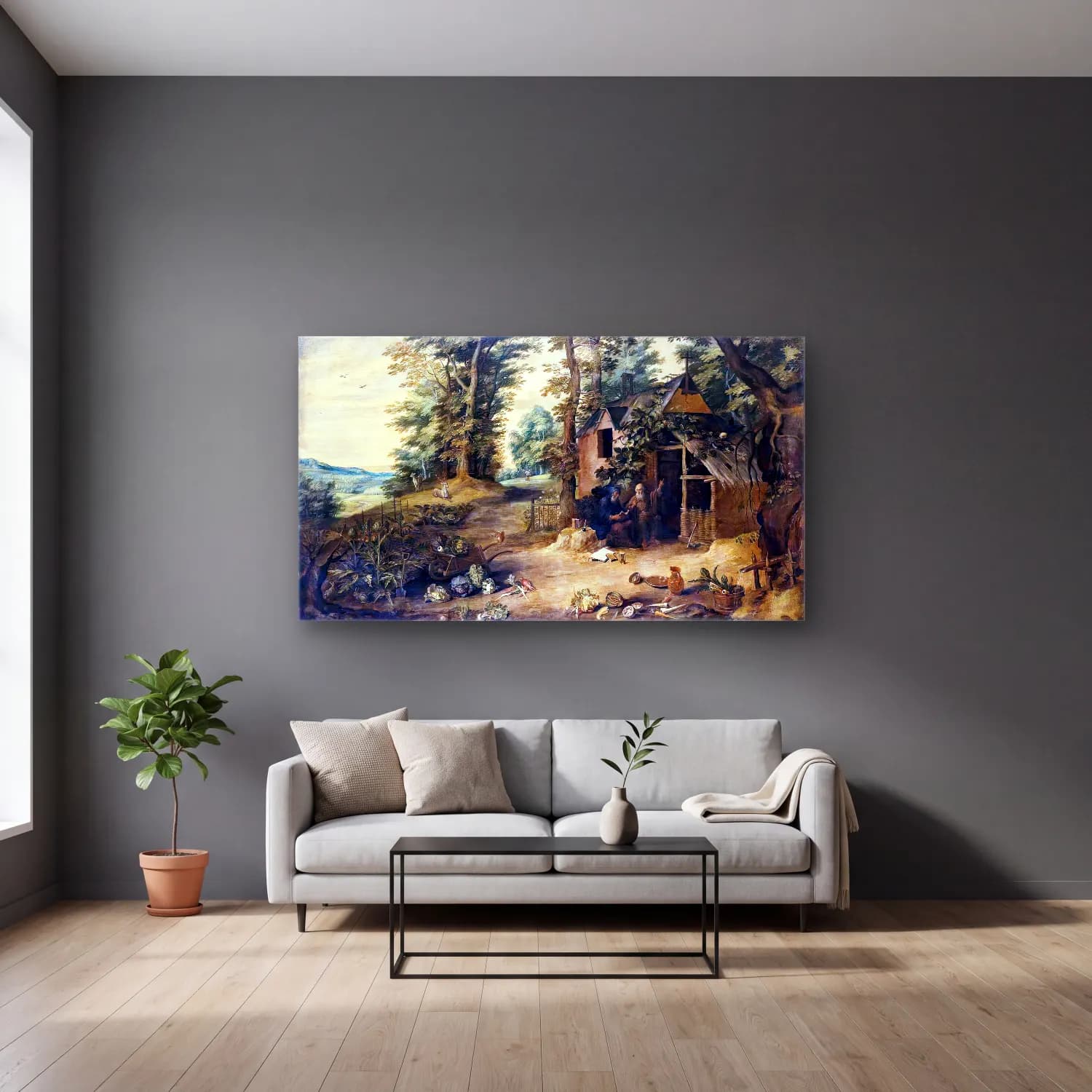 David Teniers the Younger – Landscape cam tablo — gri duvarlı salonda