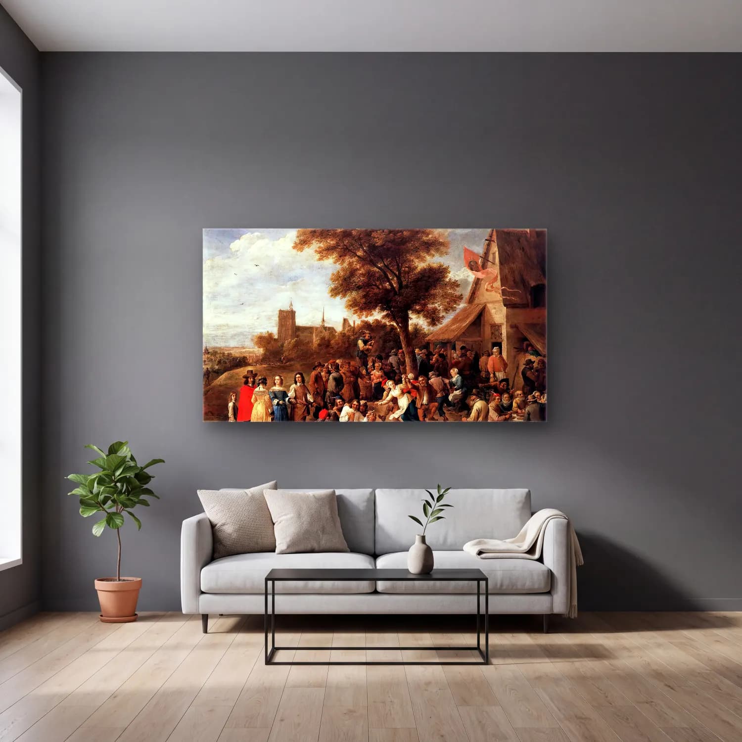 David Teniers the Younger – Peasants Merry-making cam tablo — gri duvarlı salonda