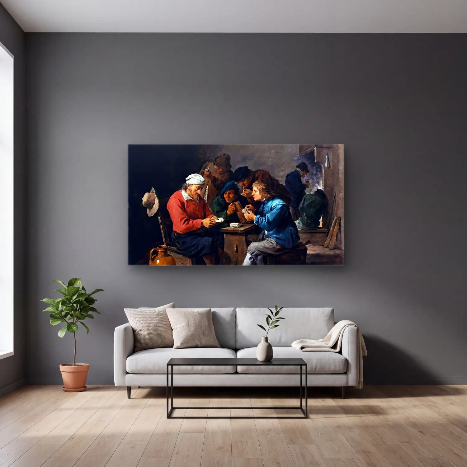 David Teniers the Younger – Peasants Playing Cards in an Interior cam tablo — gri duvarlı salonda