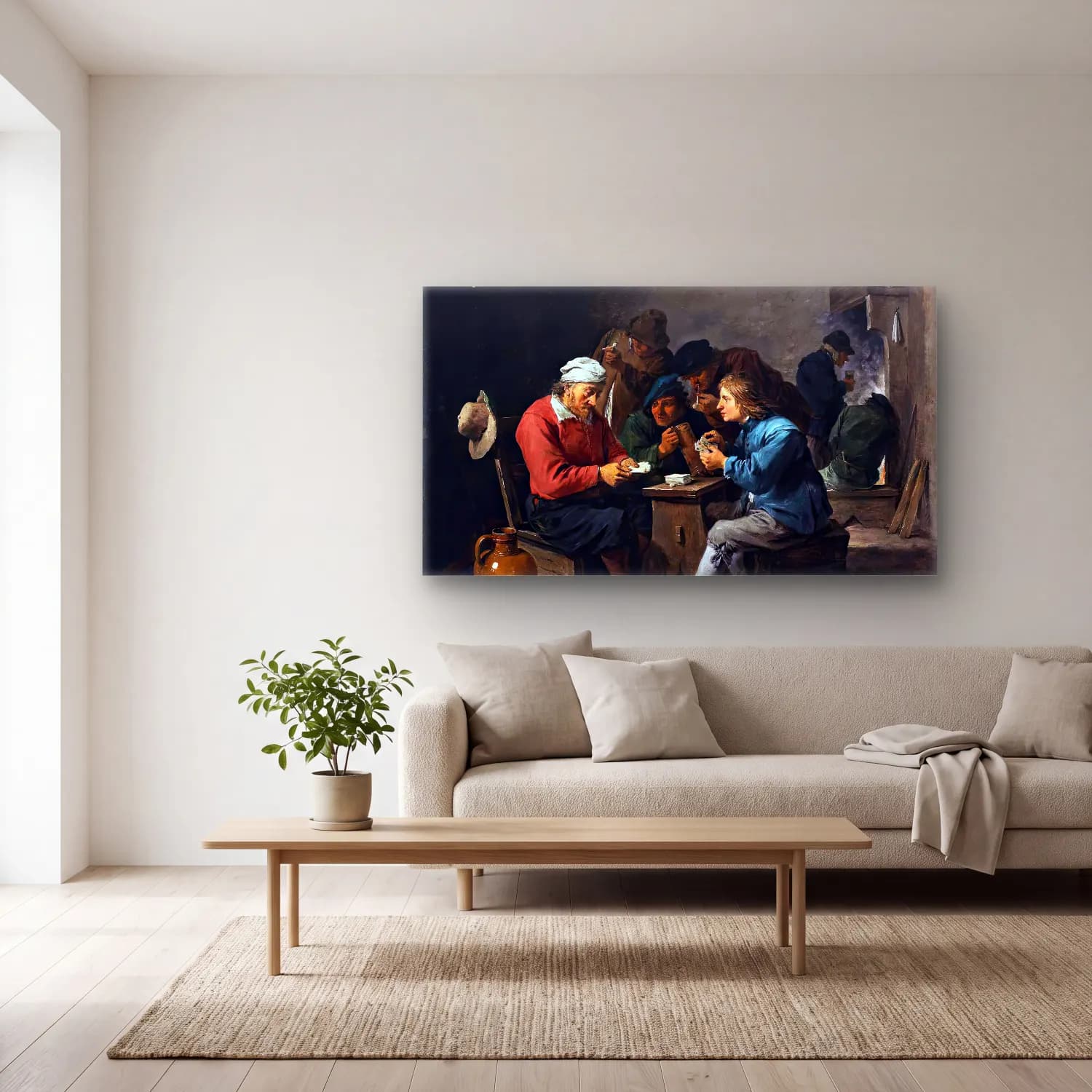 David Teniers the Younger – Peasants Playing Cards in an Interior cam tablo — açık renk salonda