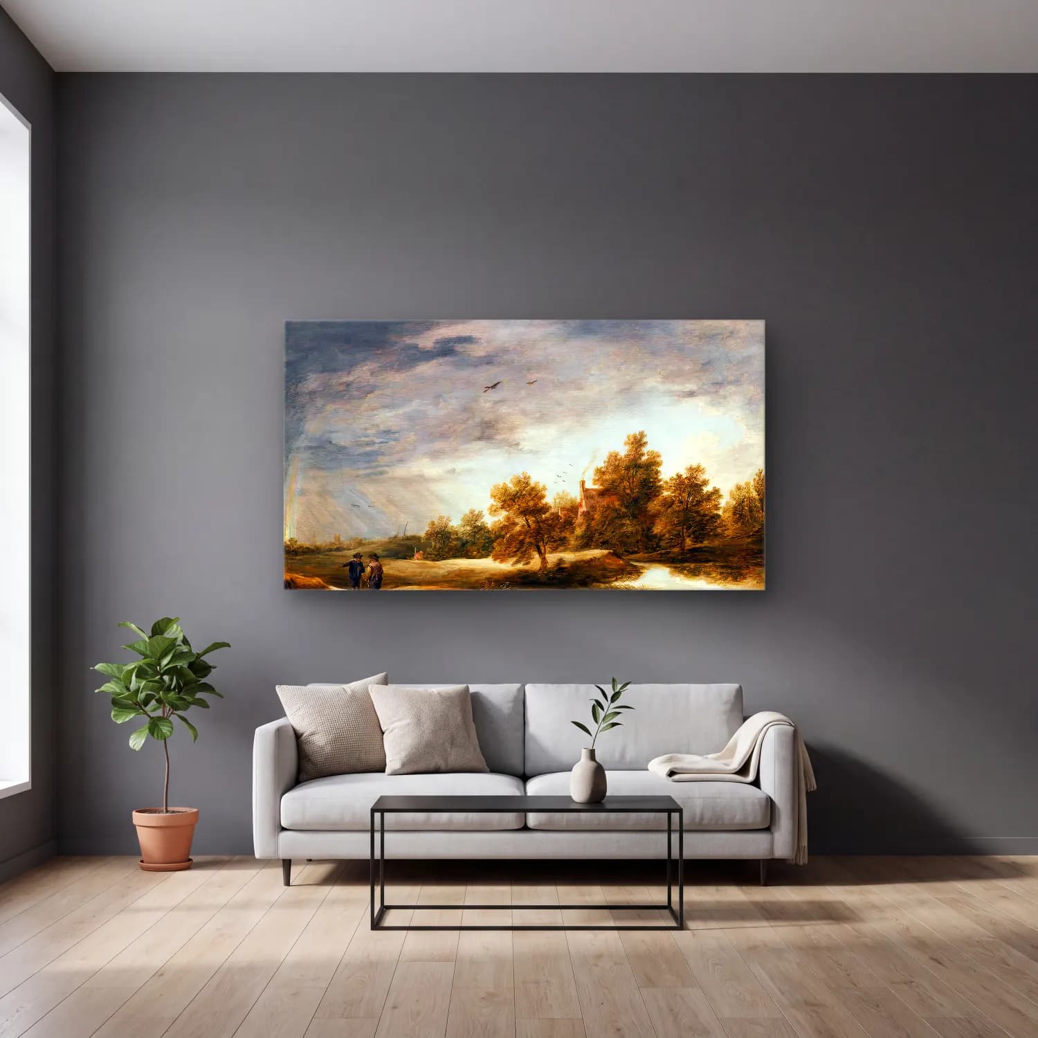 David Teniers the Younger – River Landscape with Rainbow cam tablo — gri duvarlı salonda