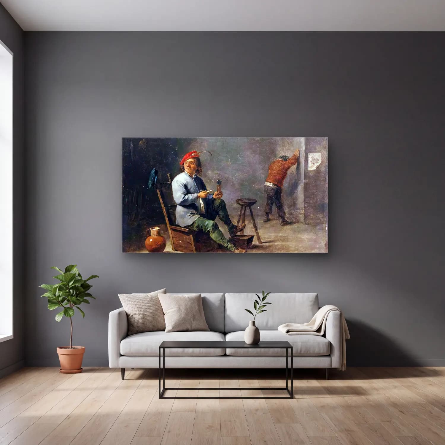 David Teniers the Younger – Smoker cam tablo — gri duvarlı salonda