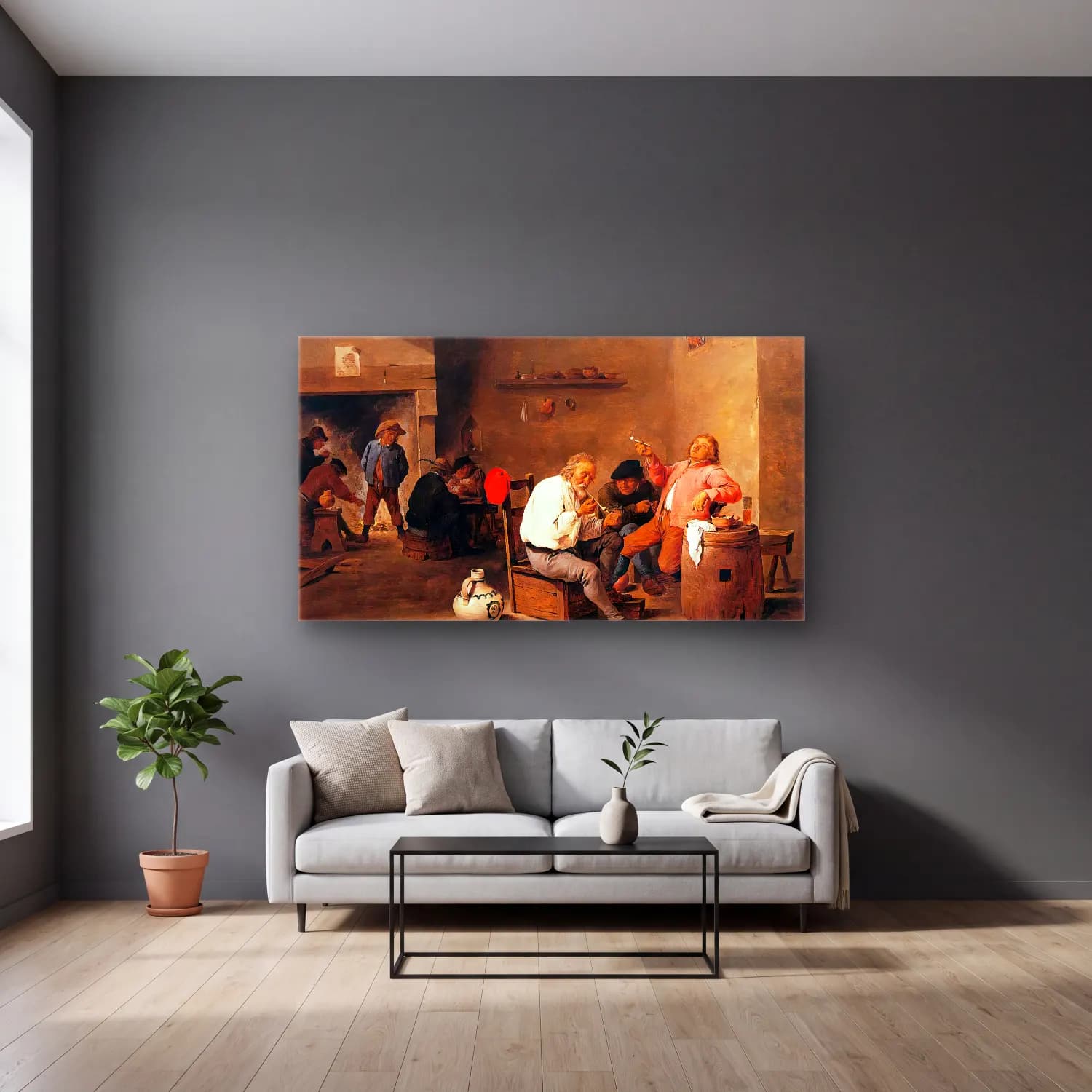 David Teniers the Younger – Smoking Peasants at an Inn cam tablo — gri duvarlı salonda