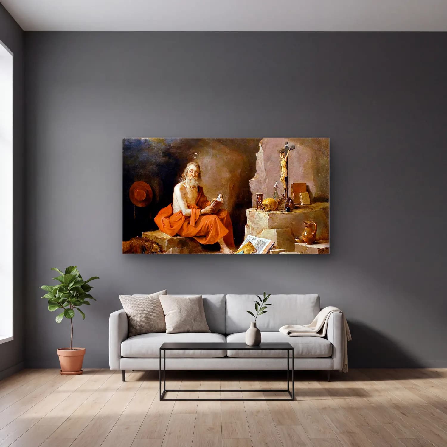 David Teniers the Younger – St Jerome cam tablo — gri duvarlı salonda