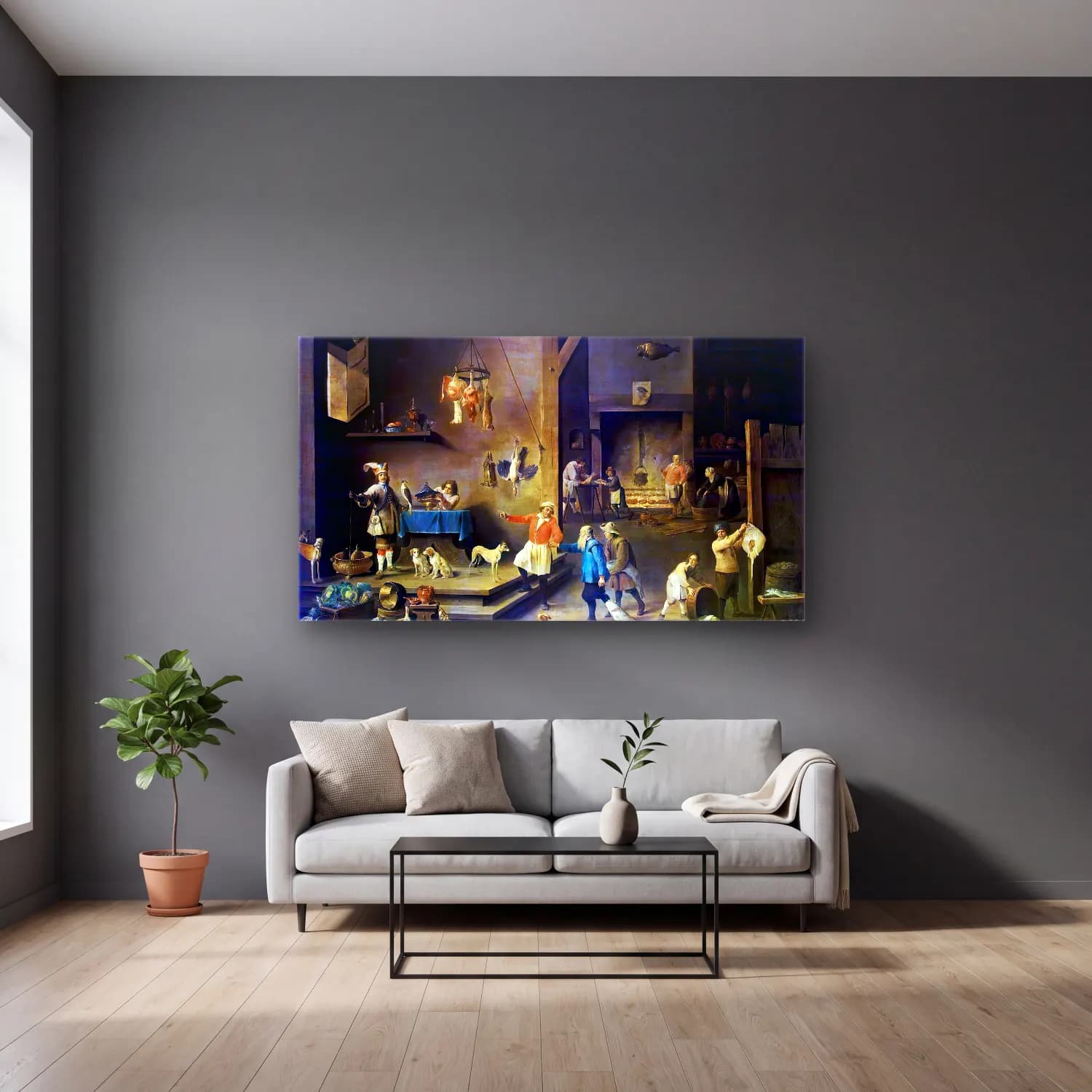 David Teniers the Younger – The Kitchen cam tablo — gri duvarlı salonda