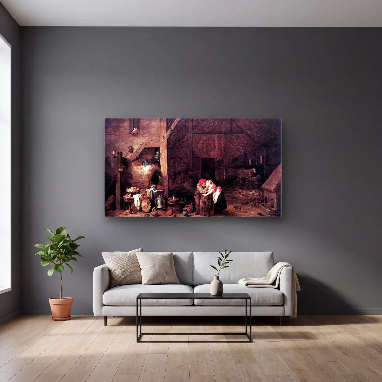 David Teniers the Younger – The Old Man and the Maid cam tablo — gri duvarlı salonda