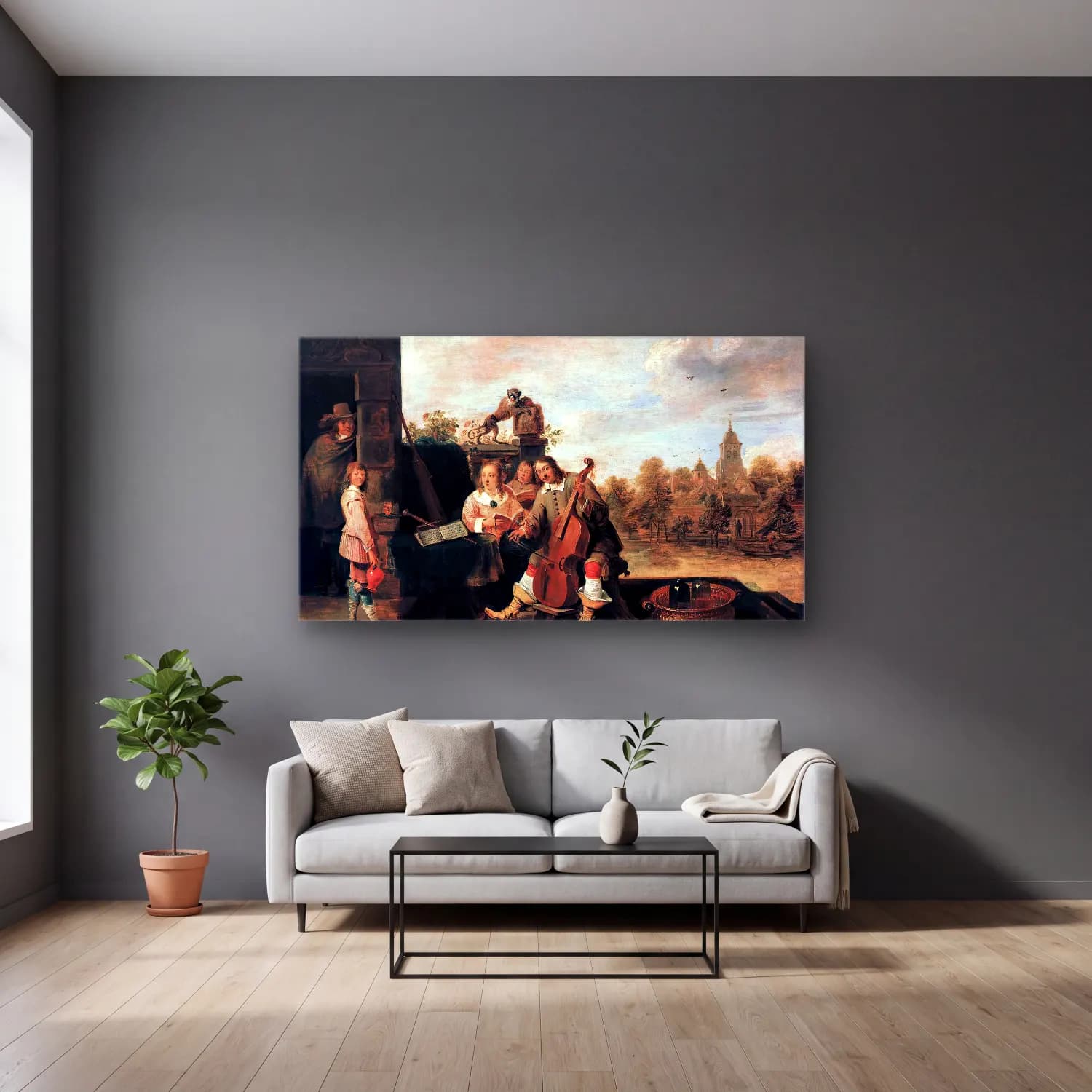 David Teniers the Younger – The Painter and His Family cam tablo — gri duvarlı salonda