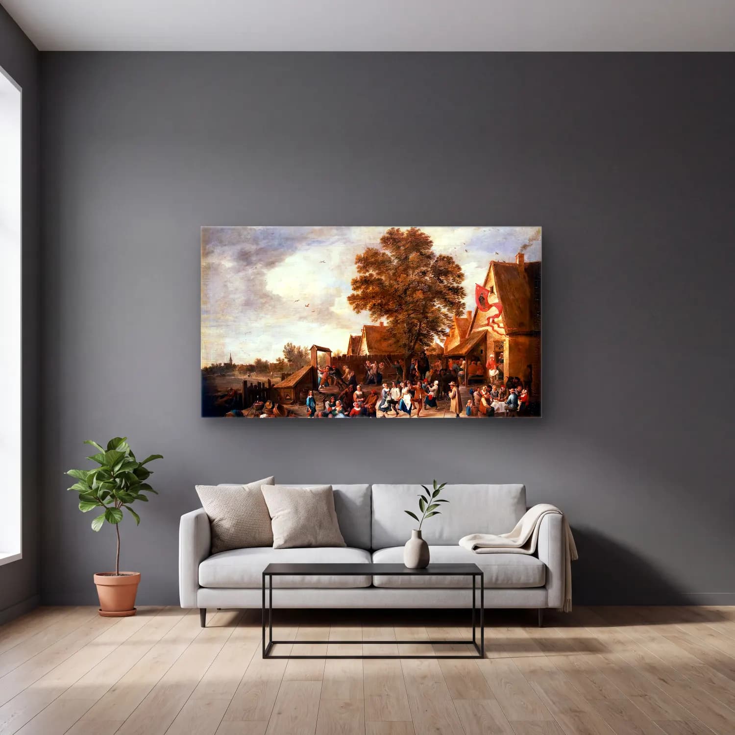 David Teniers the Younger – The Village Feast cam tablo — gri duvarlı salonda