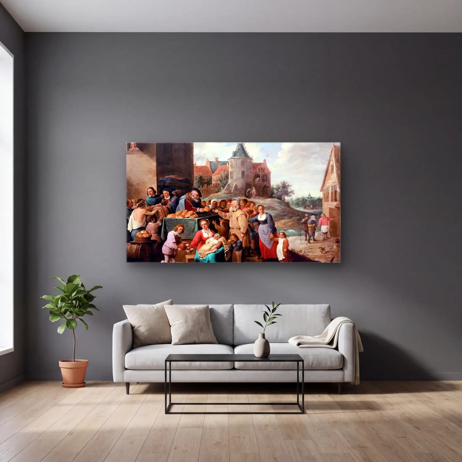 David Teniers the Younger – The Works of Mercy cam tablo — gri duvarlı salonda