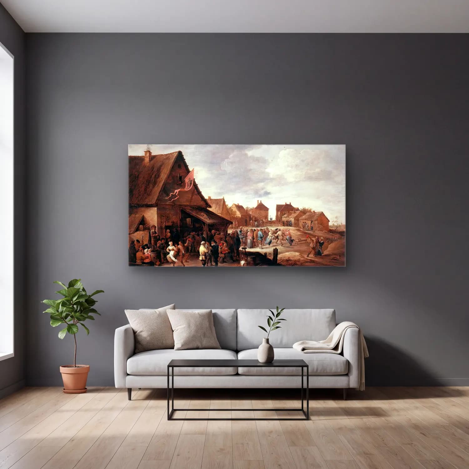 David Teniers the Younger – Village Feast cam tablo — gri duvarlı salonda