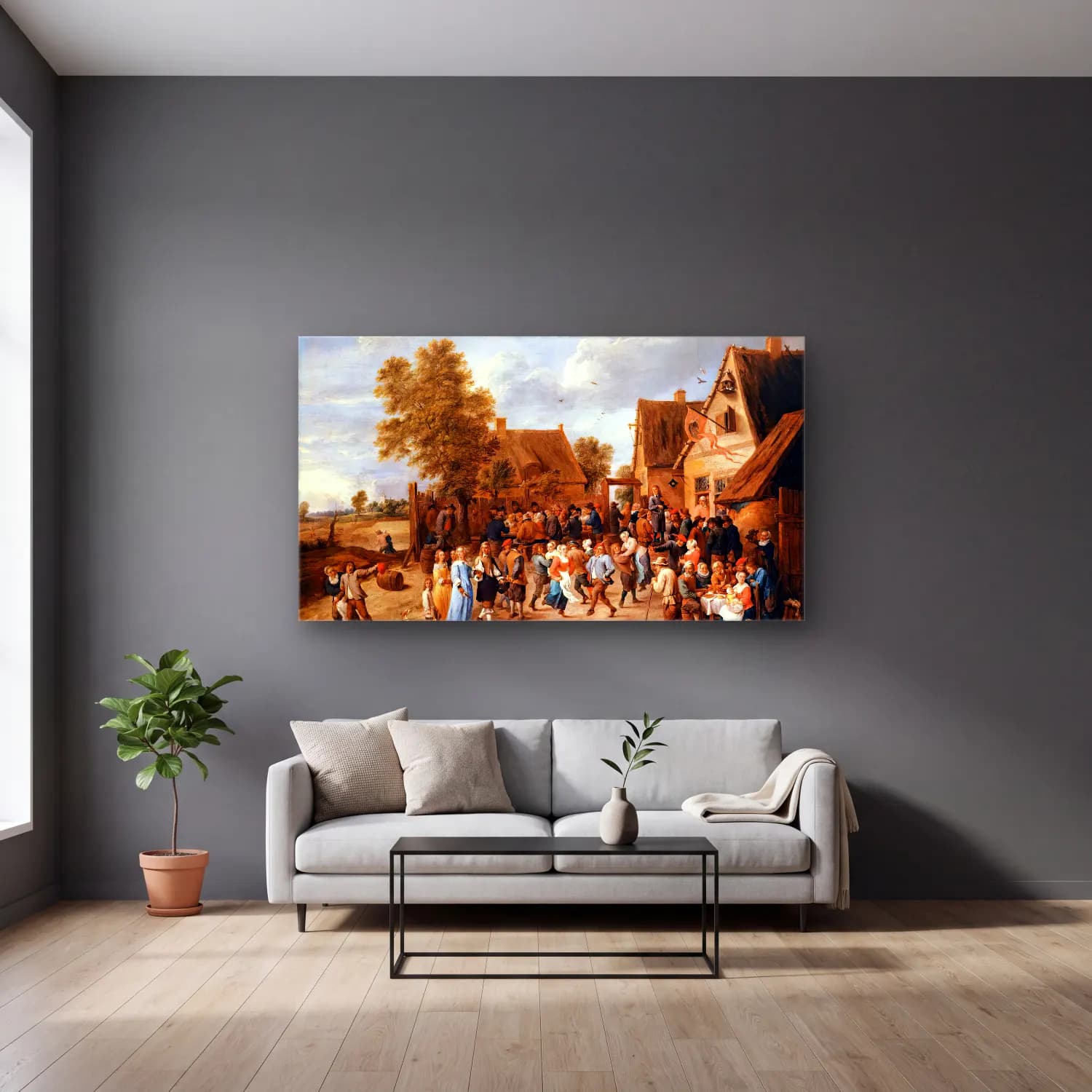 David Teniers the Younger – Village Revel with Aristocratic Couple cam tablo — gri duvarlı salonda