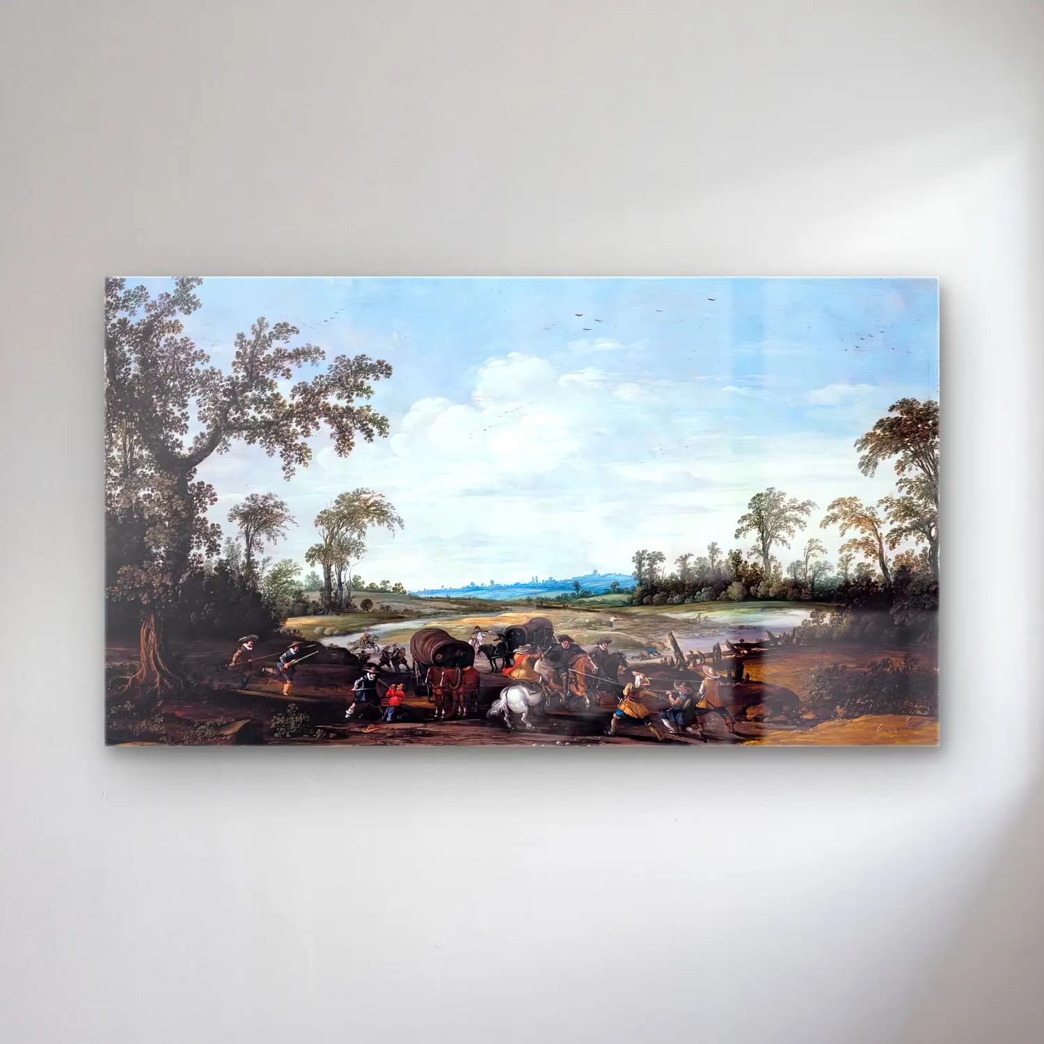 Esaias van de Velde – Bandits Attacking a Caravan of Travellers cam tablo — Esaias van de Velde – Bandits Attacking a Caravan of Travellers — yağlı boya kırda nehir