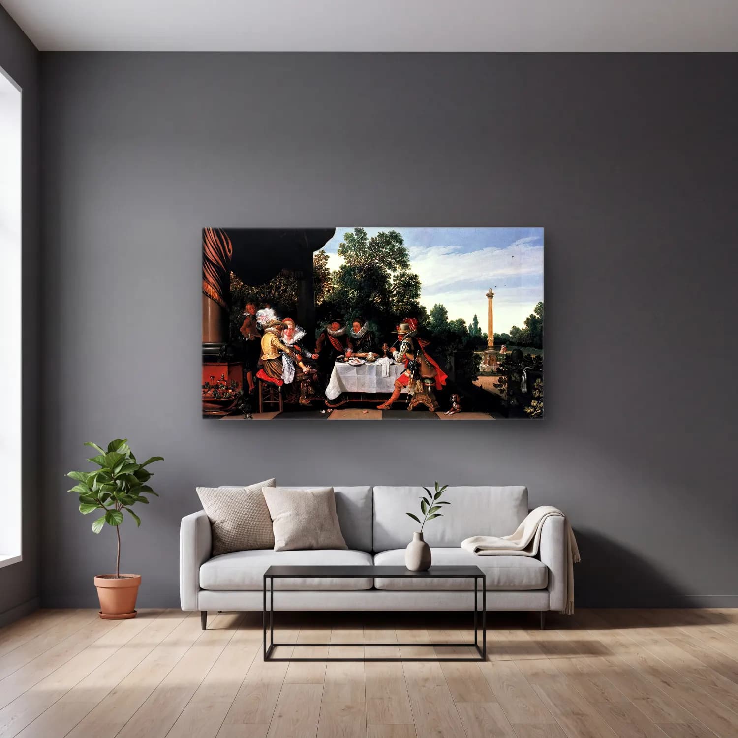 Esaias van de Velde – Merry Company Banqueting on a Terrace cam tablo — gri duvarlı salonda