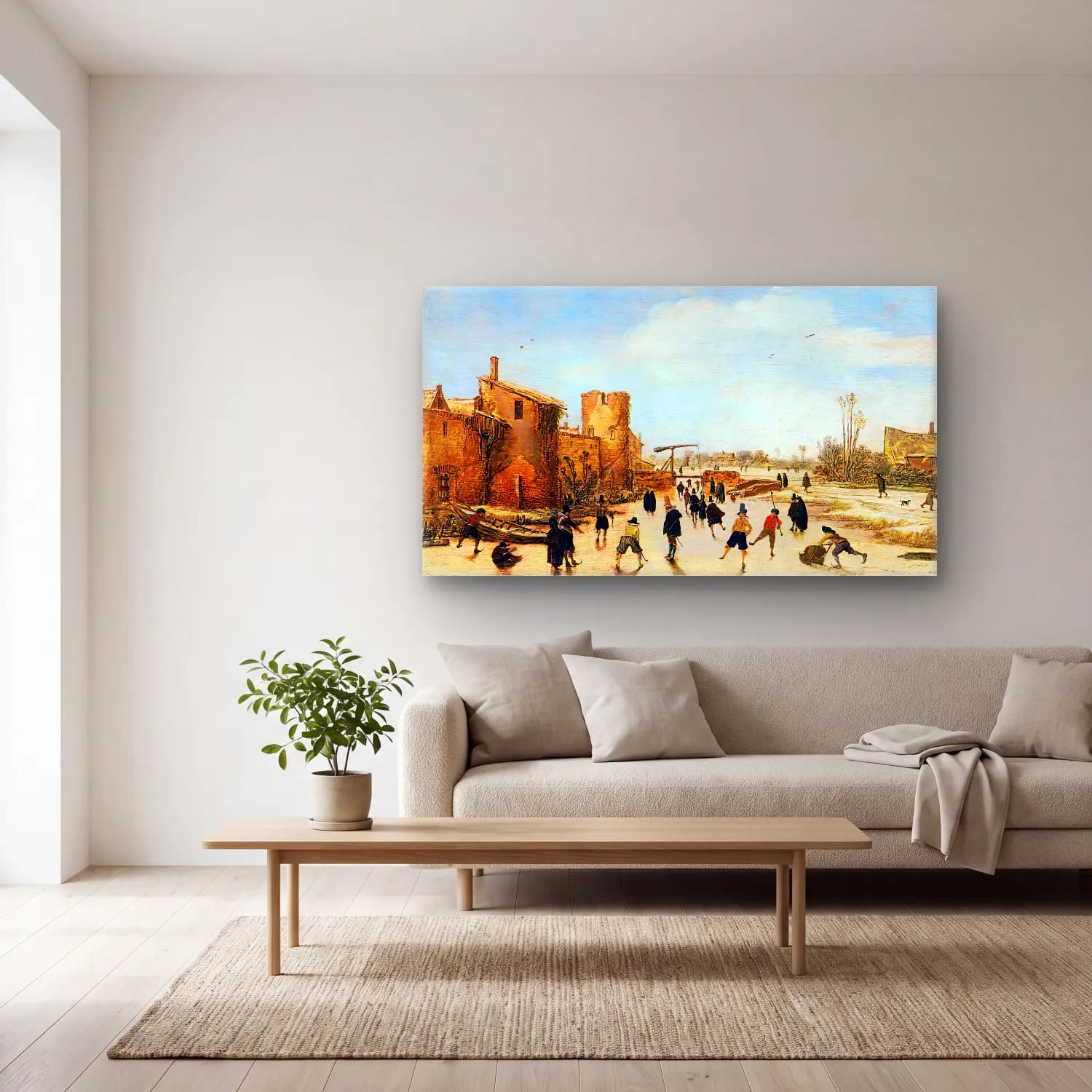 Esaias van de Velde – The Joy of Ice on a Frozen Canal near a Walled Town cam tablo — açık renk salonda