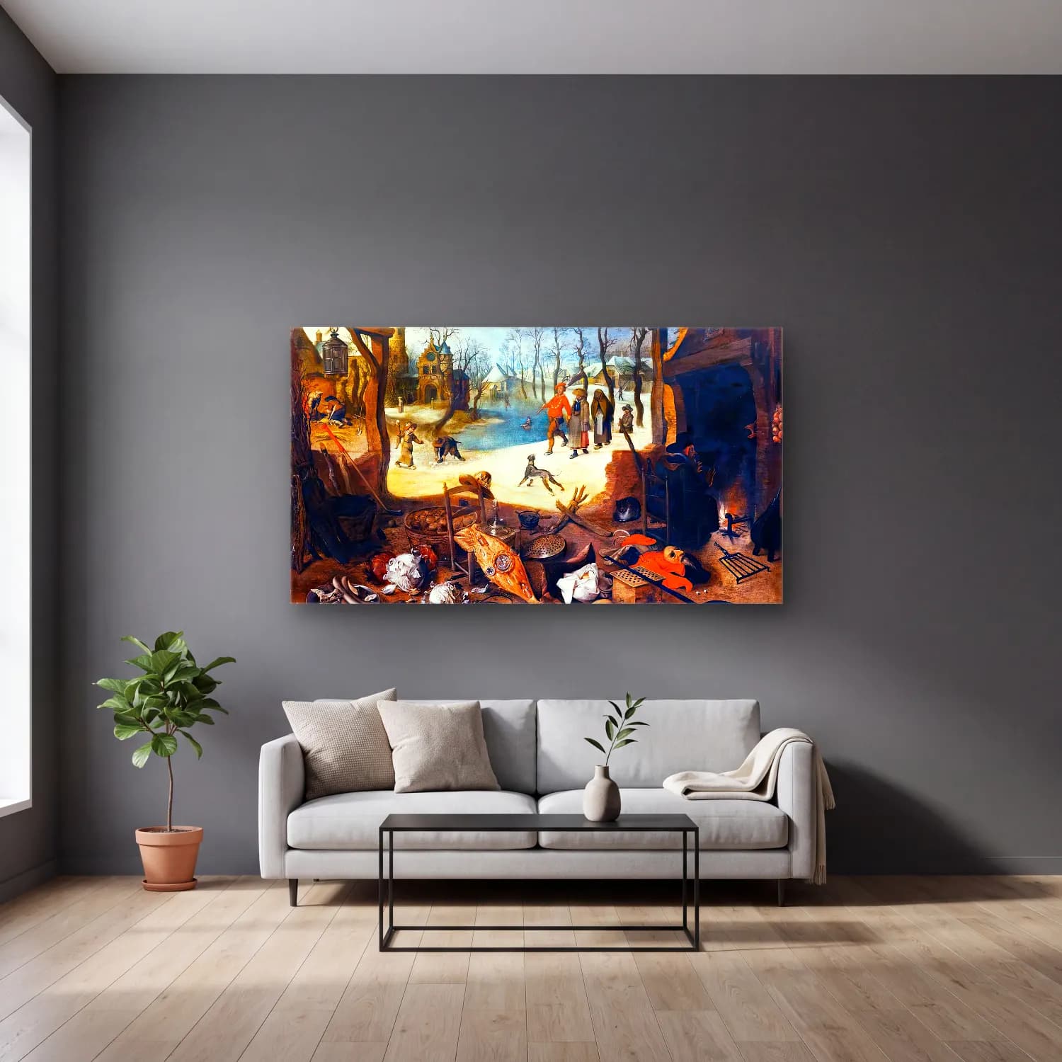 Sebastian Vrancx – Allegory of Winter cam tablo — gri duvarlı salonda