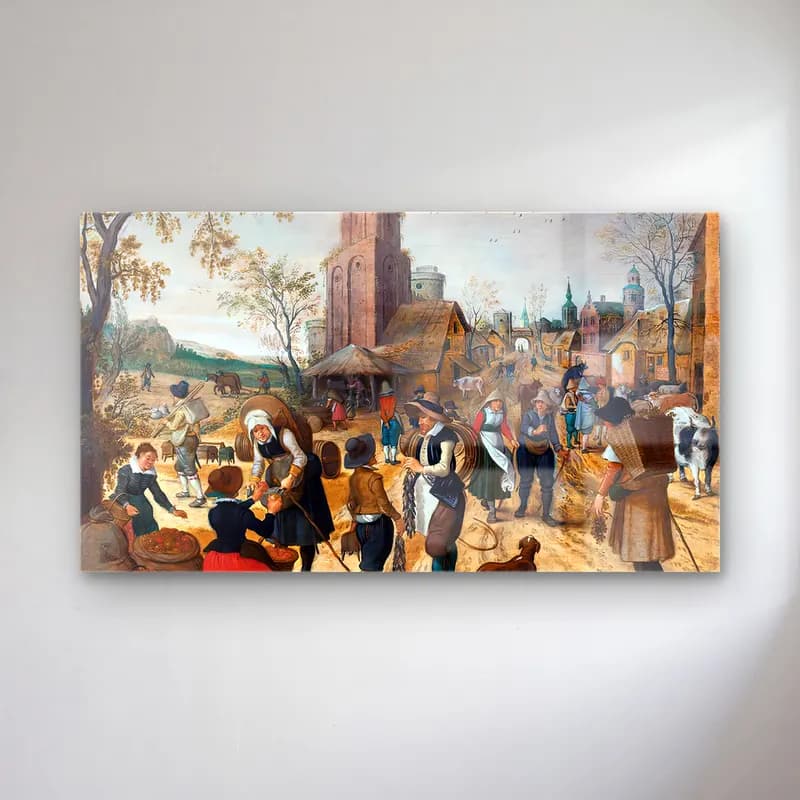 Sebastian Vrancx – Autumn, Market Scene in the Heart of a Village cam tablo — Sebastian Vrancx – Autumn, Market Scene in the Heart of a Village — yağlı boya köy sokağı