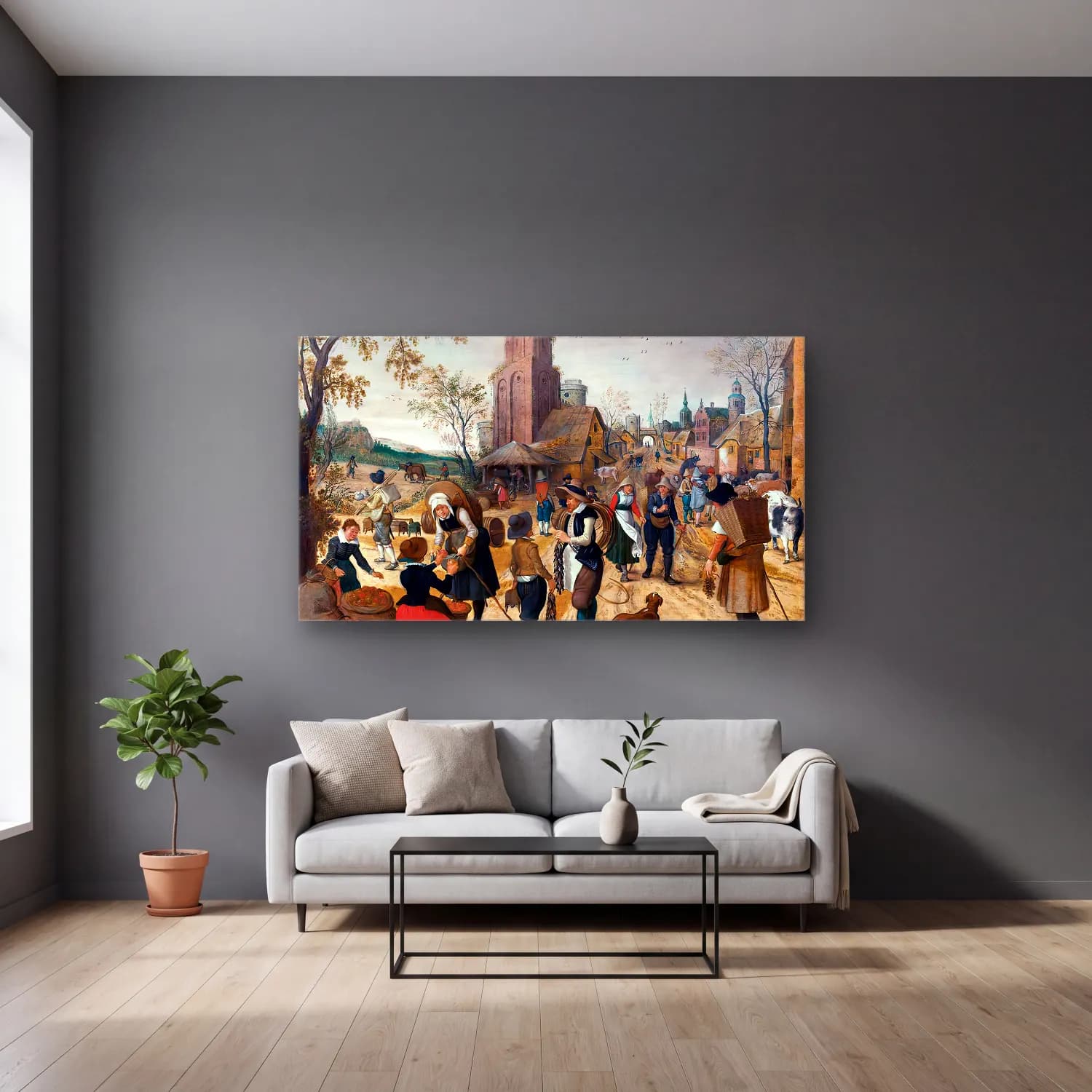 Sebastian Vrancx – Autumn, Market Scene in the Heart of a Village cam tablo — gri duvarlı salonda