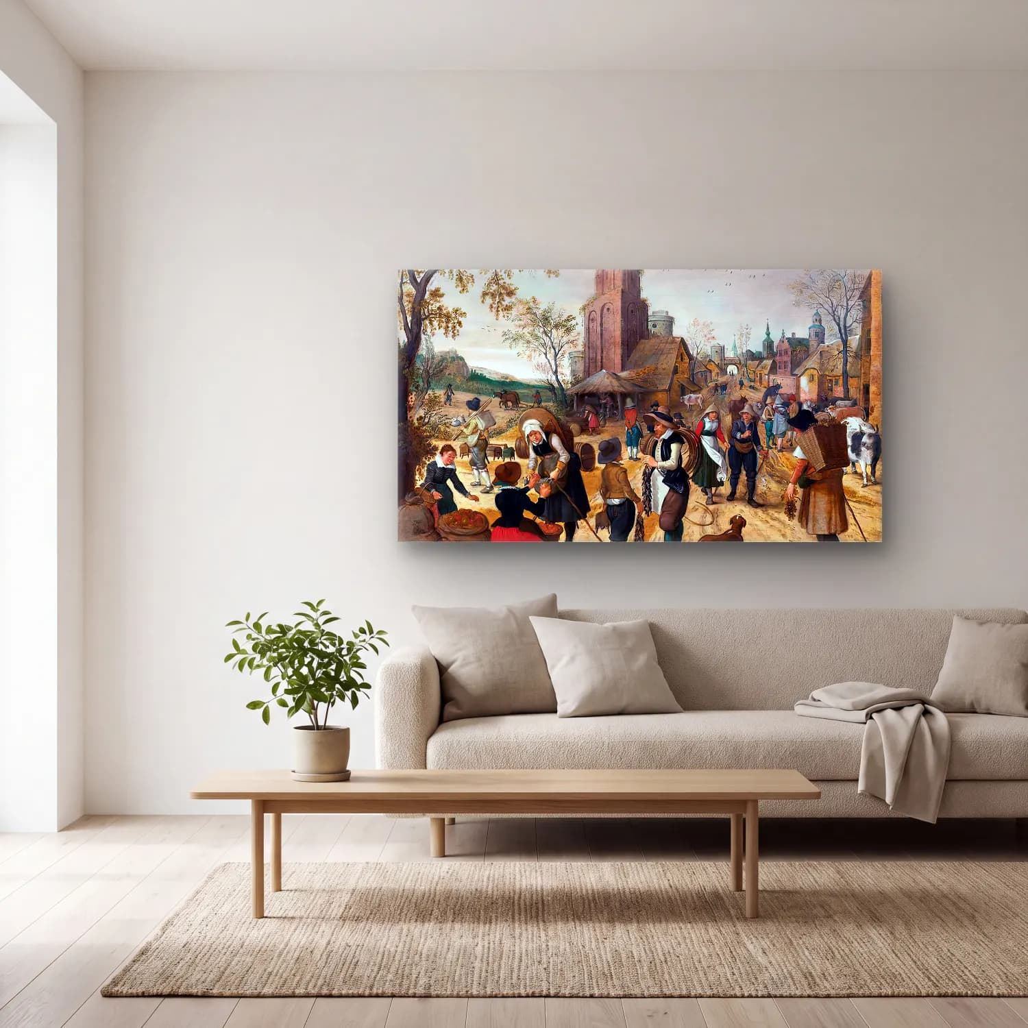 Sebastian Vrancx – Autumn, Market Scene in the Heart of a Village cam tablo — açık renk salonda