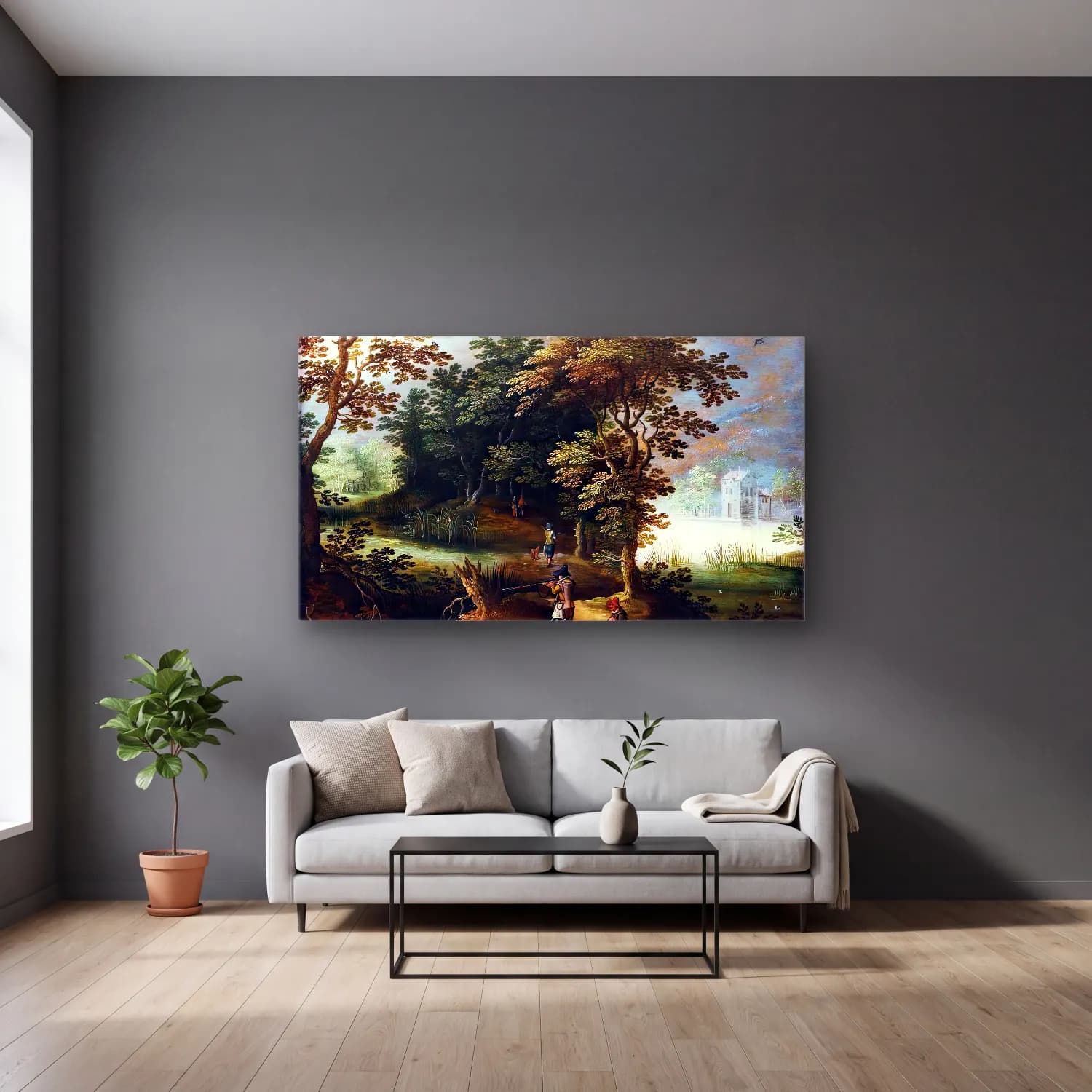 Sebastian Vrancx – Landscape with Figures Duck Flighting cam tablo — gri duvarlı salonda