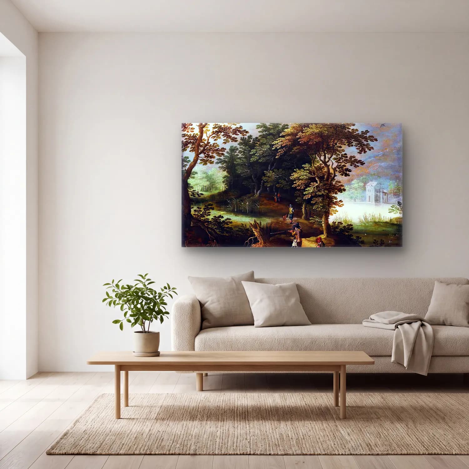 Sebastian Vrancx – Landscape with Figures Duck Flighting cam tablo — açık renk salonda