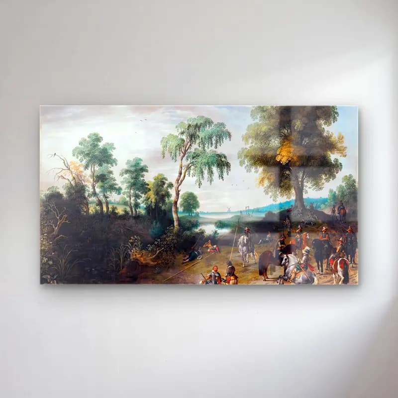 Sebastian Vrancx – Landscape with Horsemen at Rest cam tablo — Sebastian Vrancx – Landscape with Horsemen at Rest — yağlı boya kırda nehir