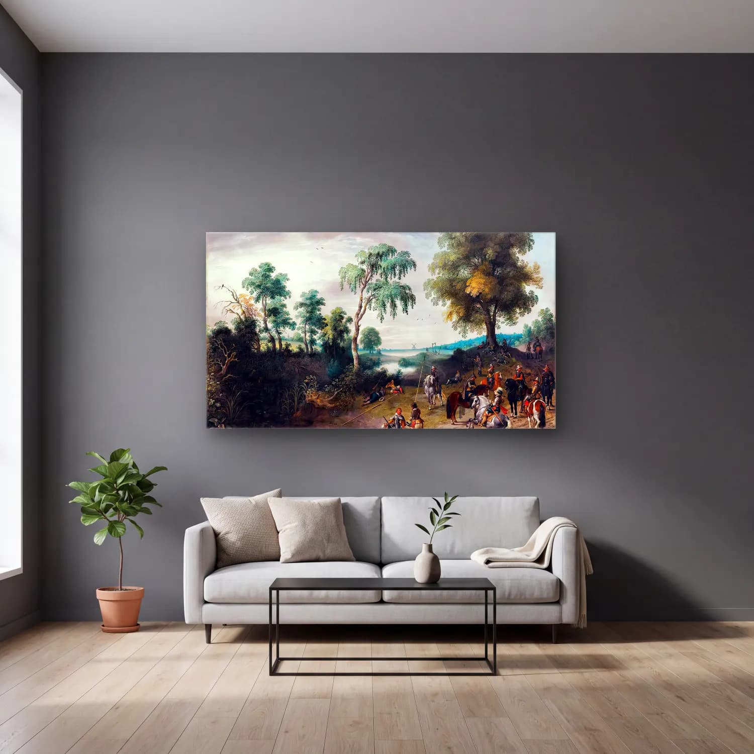 Sebastian Vrancx – Landscape with Horsemen at Rest cam tablo — gri duvarlı salonda