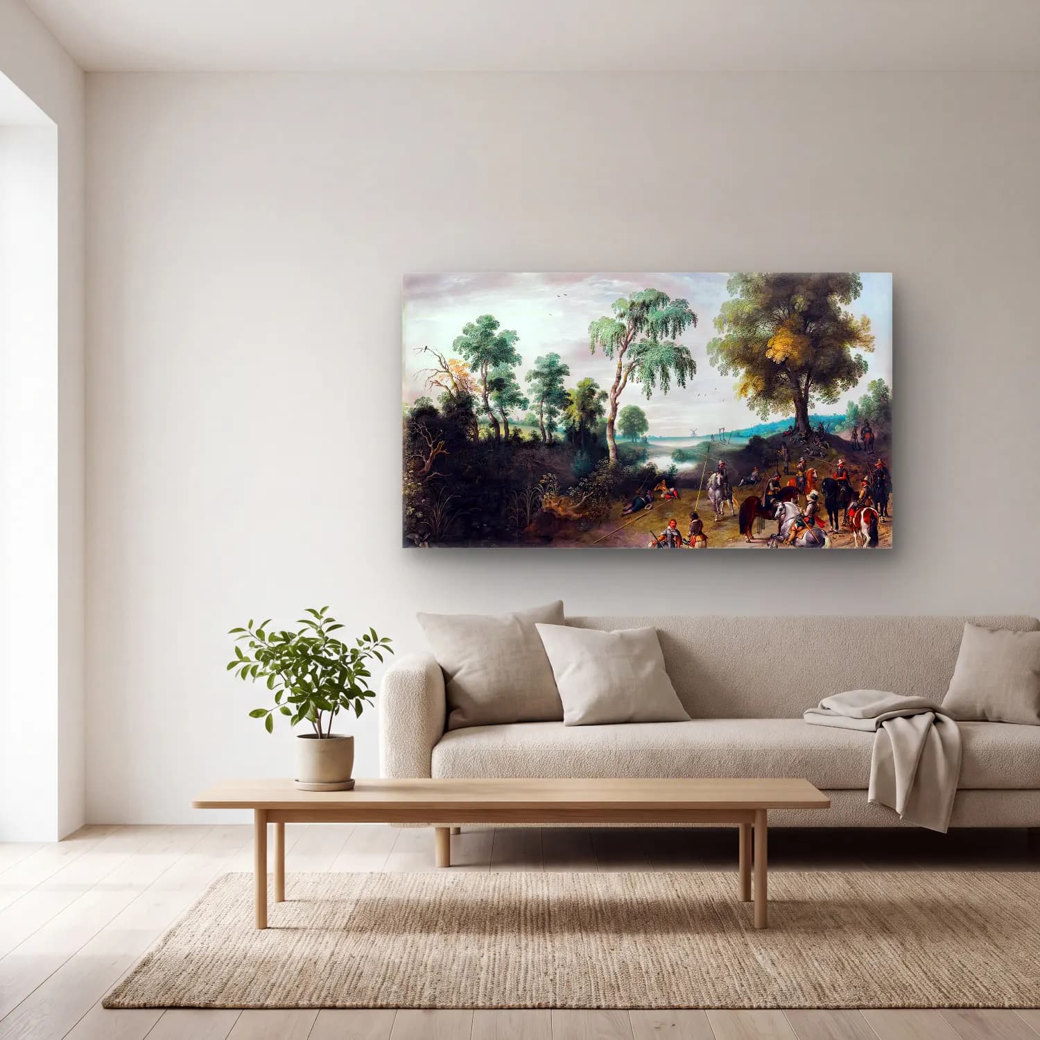 Sebastian Vrancx – Landscape with Horsemen at Rest cam tablo — açık renk salonda