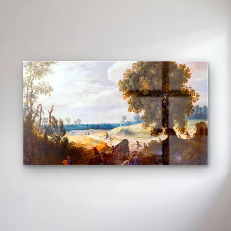 Sebastian Vrancx – Landscape with a Convoy cam tablo — Sebastian Vrancx – Landscape with a Convoy — yağlı boya kırda nehir