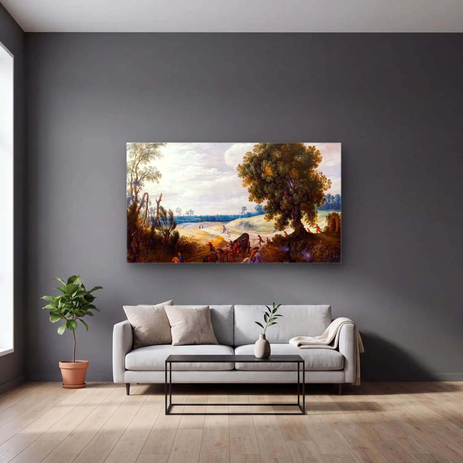 Sebastian Vrancx – Landscape with a Convoy cam tablo — gri duvarlı salonda